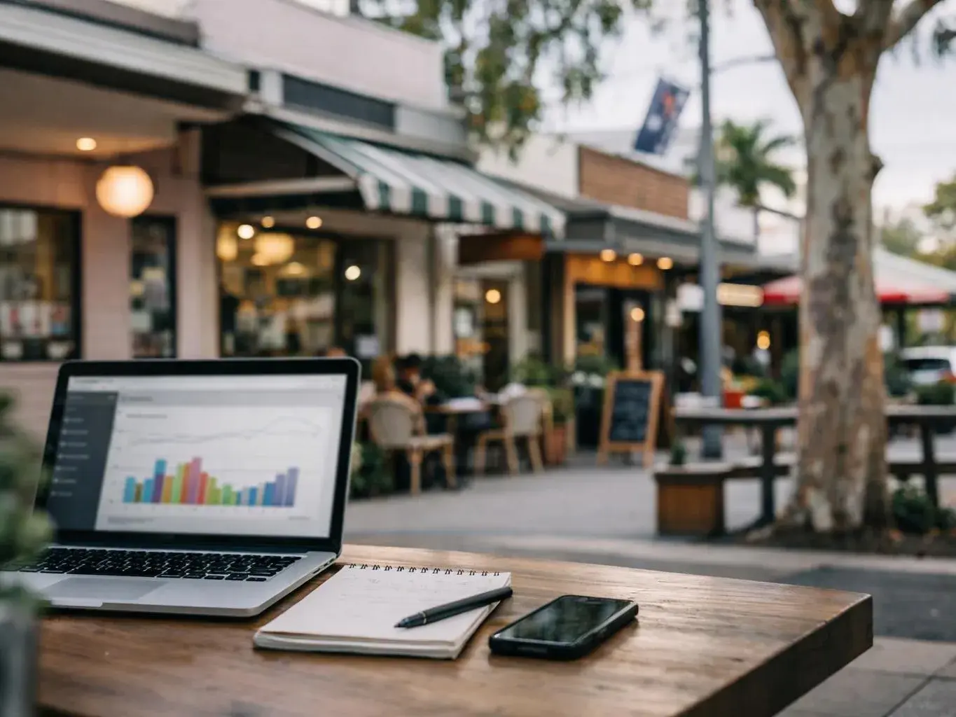 A laptop shows a colorful bar chart on a wooden table beside a notebook, pen, and phone on a sidewalk café patio