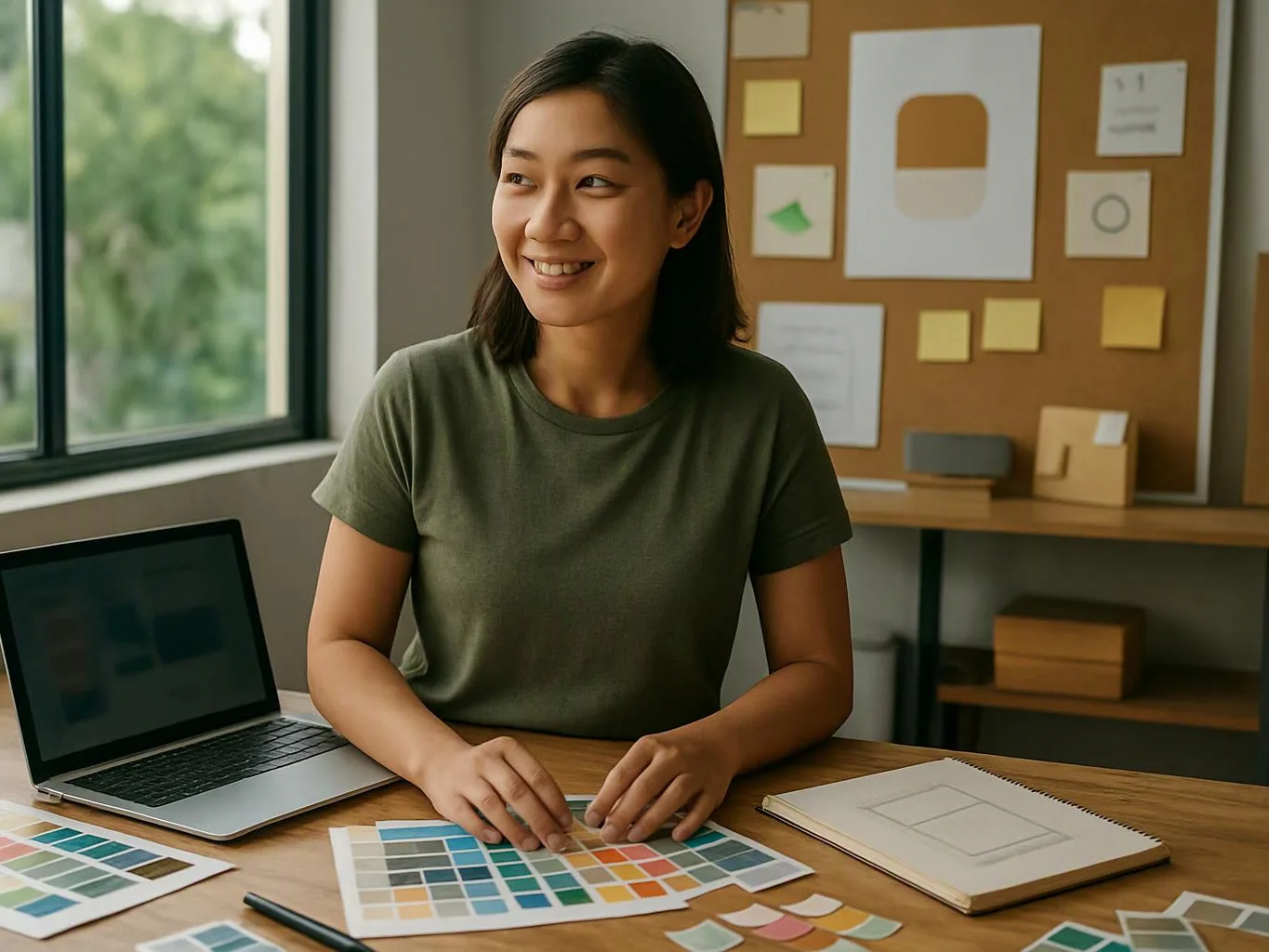 A smiling woman sits at a desk with color swatches, a laptop, and design sketches in a bright studio