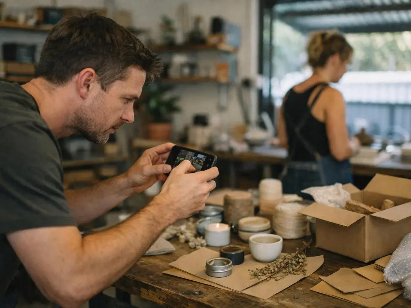 A man photographs small handmade items on a cluttered worktable while a woman stands blurred in the background inside a workshop