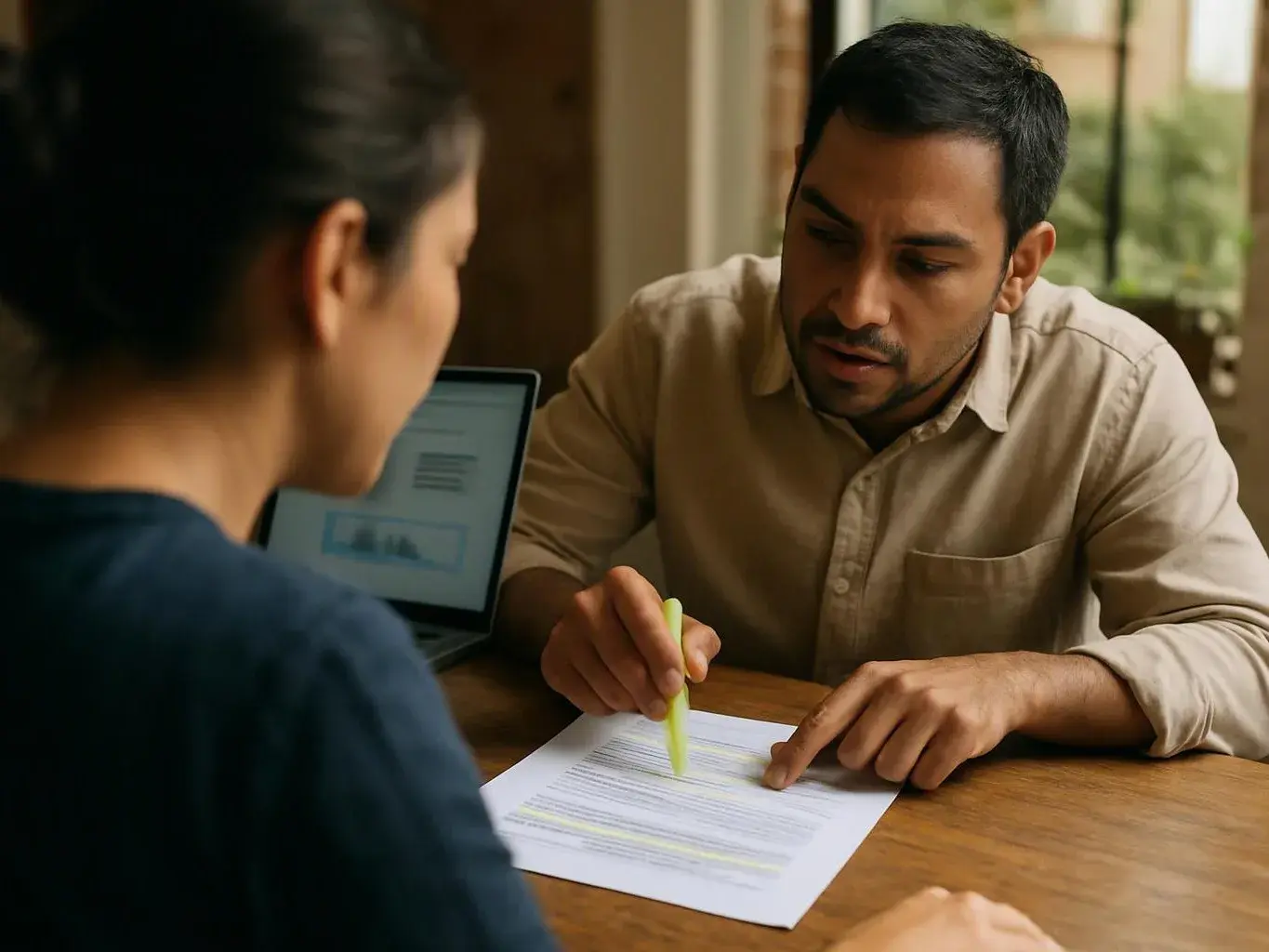 A man points to a highlighted paper while talking across a table with another person and a laptop nearby