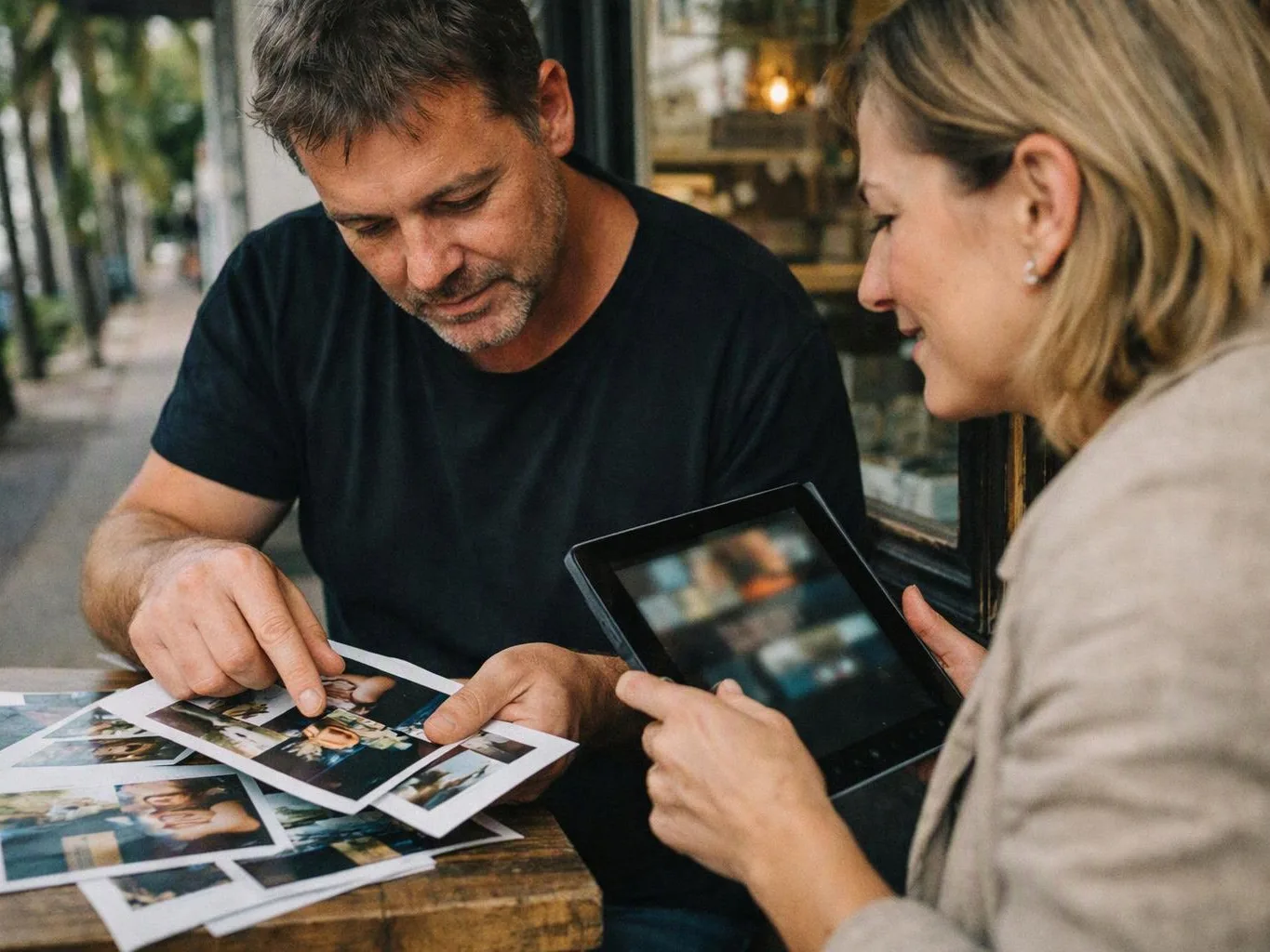 A man points at printed photos while a woman holds a tablet at an outdoor café table