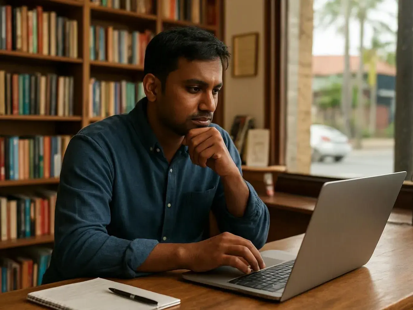 A man sits at a wooden table in a book-lined room, studying a laptop with a notebook beside him