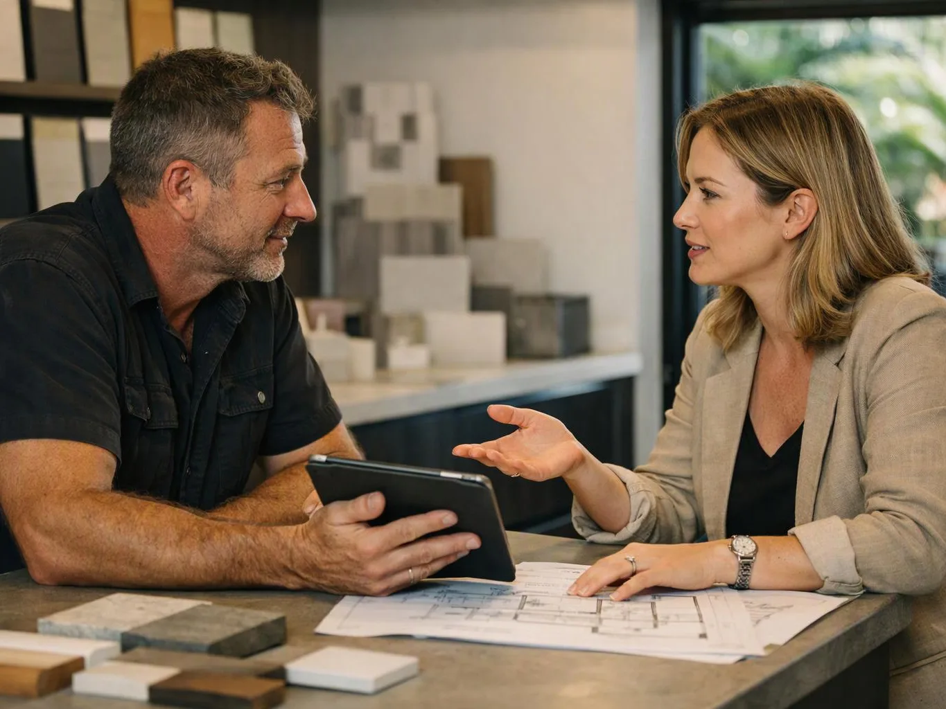 A man and woman discuss design plans at a table, with a tablet, paper drawings, and material samples visible