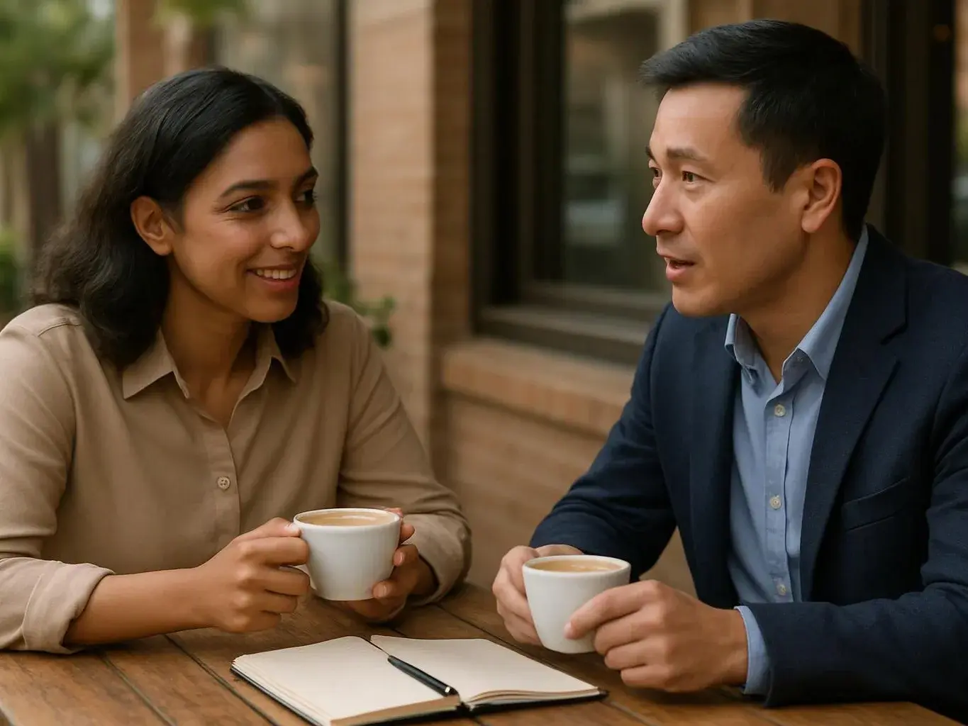 A man and woman sit at an outdoor table, holding coffee cups and talking over an open notebook