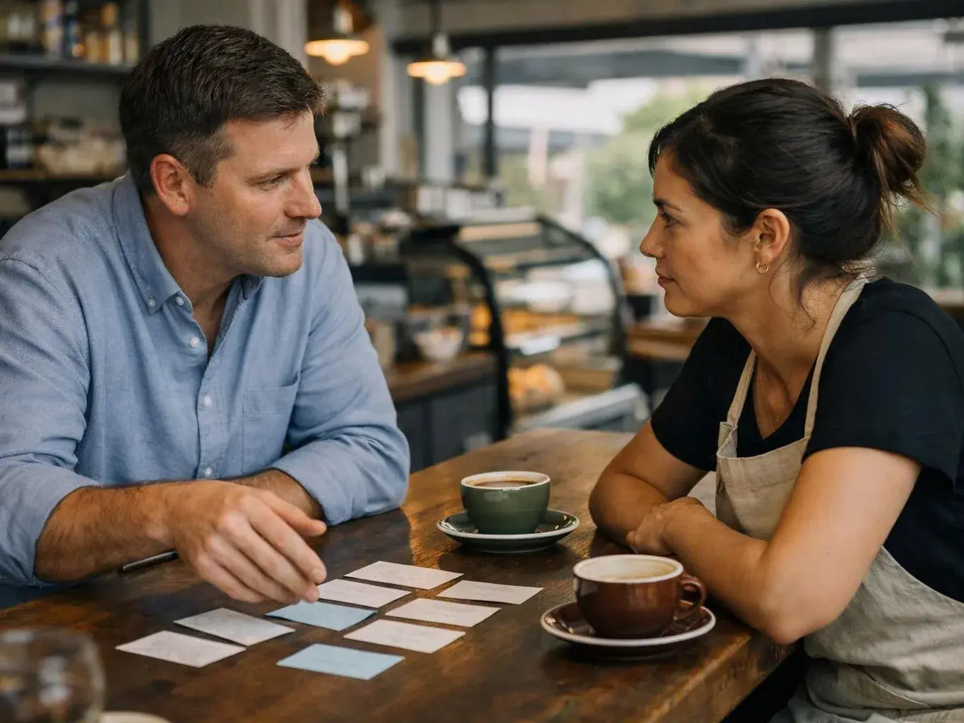 A man and woman talk across a cafe table beside coffee cups and scattered cards