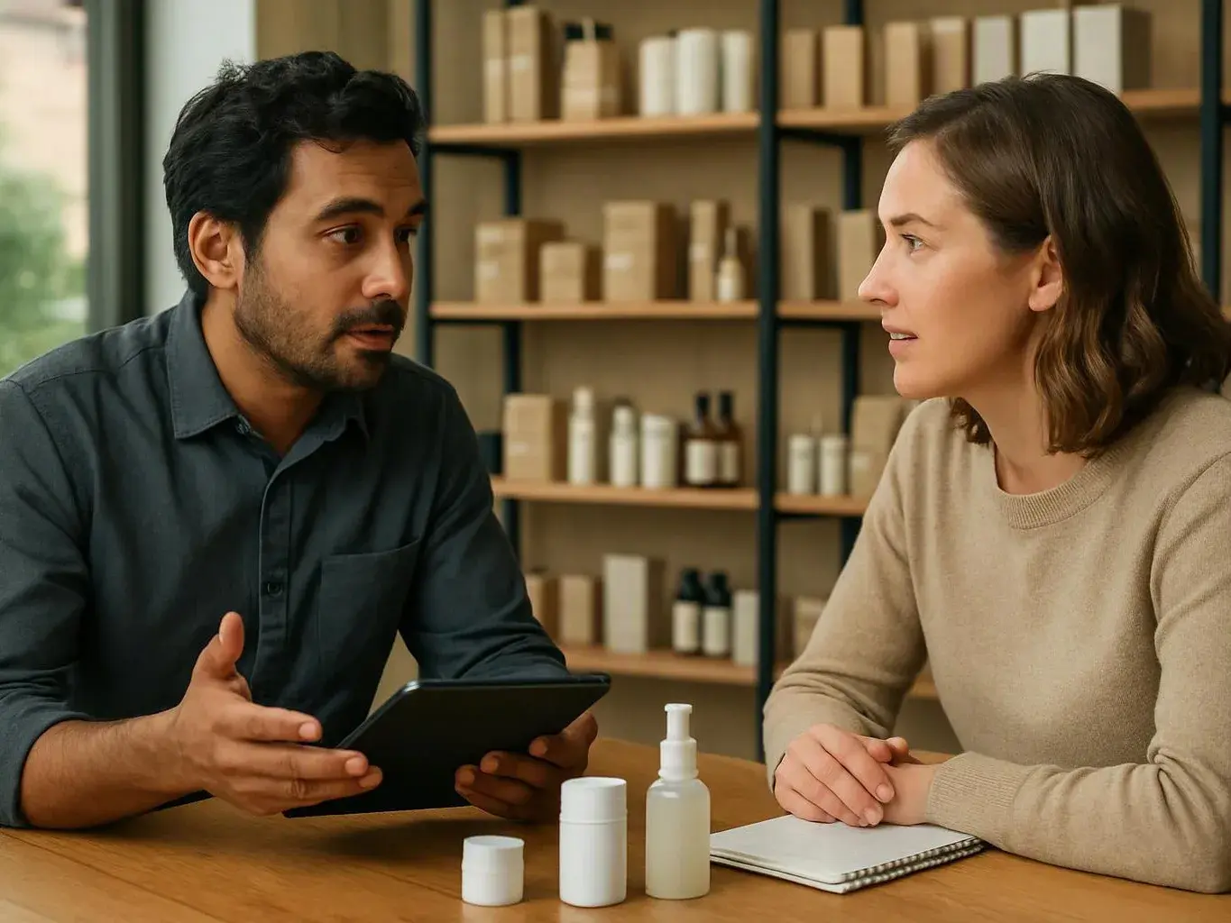 A man and woman talk across a wooden table, with small product bottles and notebooks in a shop-like room