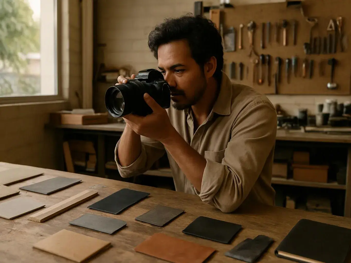 A man in a workshop peers through a camera over a table of leather samples