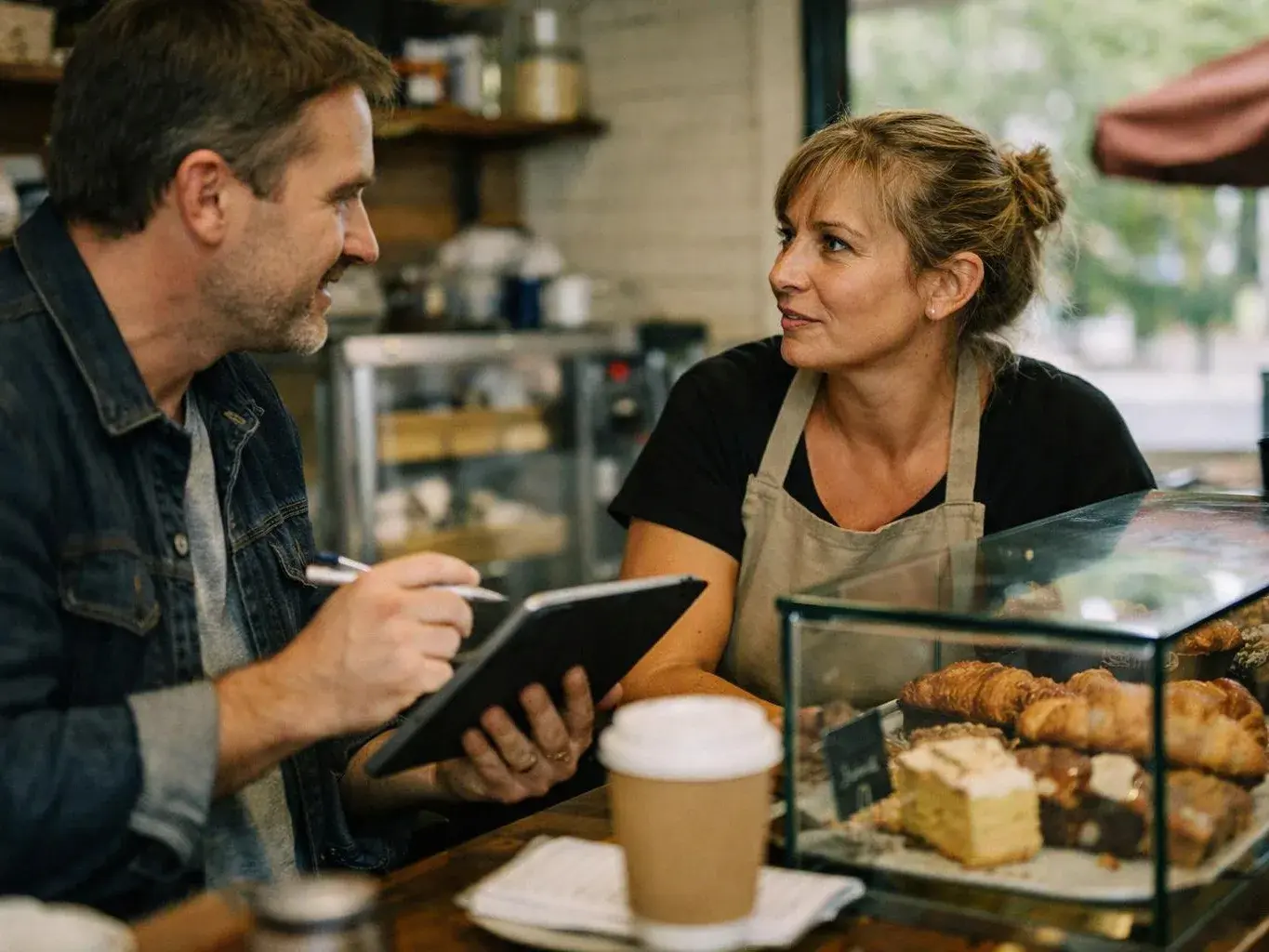 A man writes in a notebook while talking with a woman behind a bakery counter with pastries on display