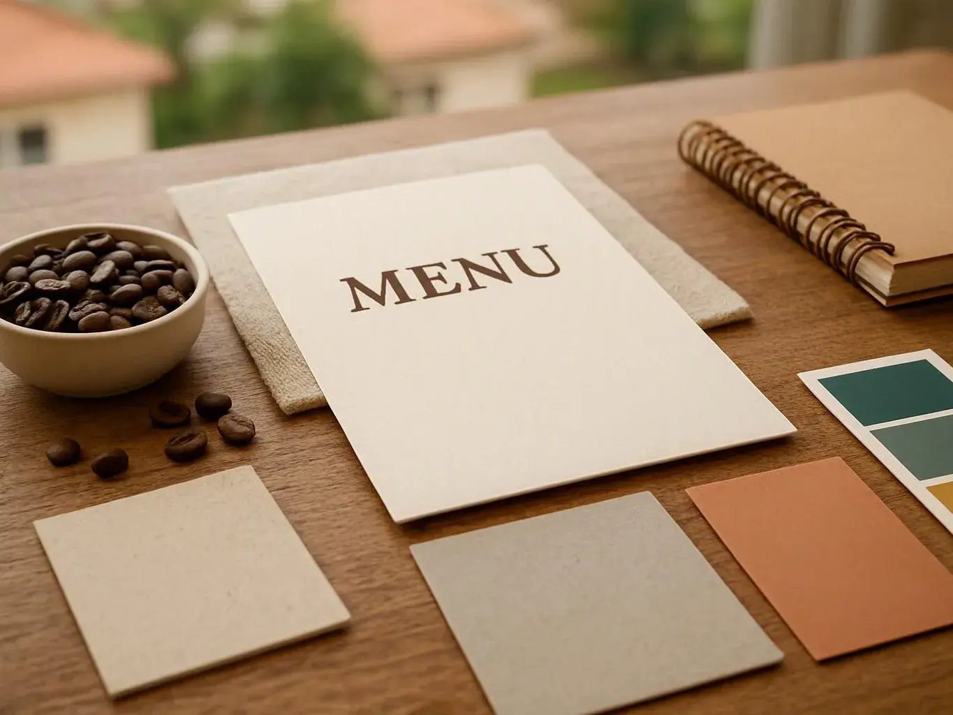 A menu mockup sits on a wooden table beside coffee beans, paper swatches, and a spiral notebook
