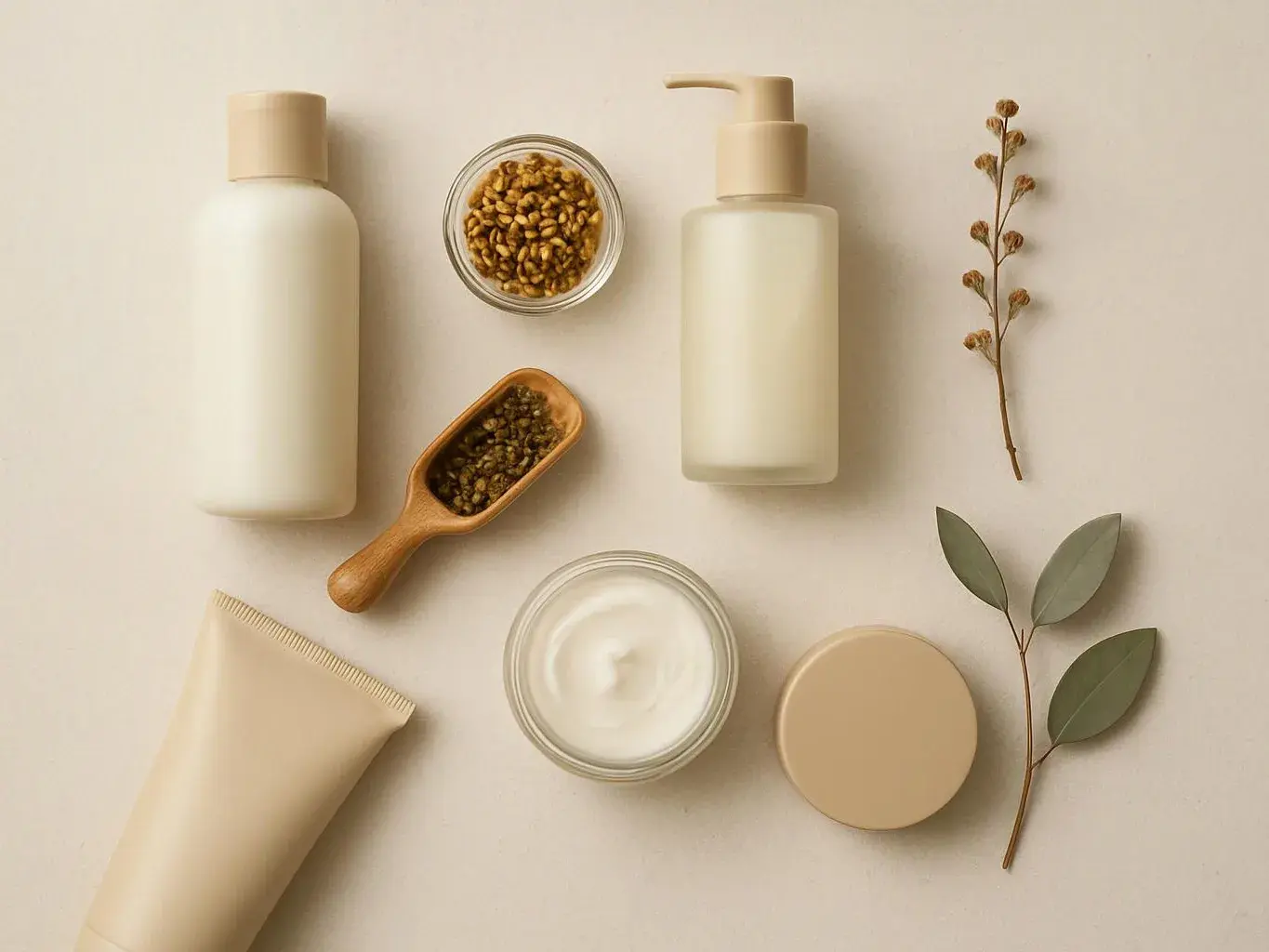 Neutral skincare bottles, jars, a tube, and dried leaves arranged neatly on a beige surface