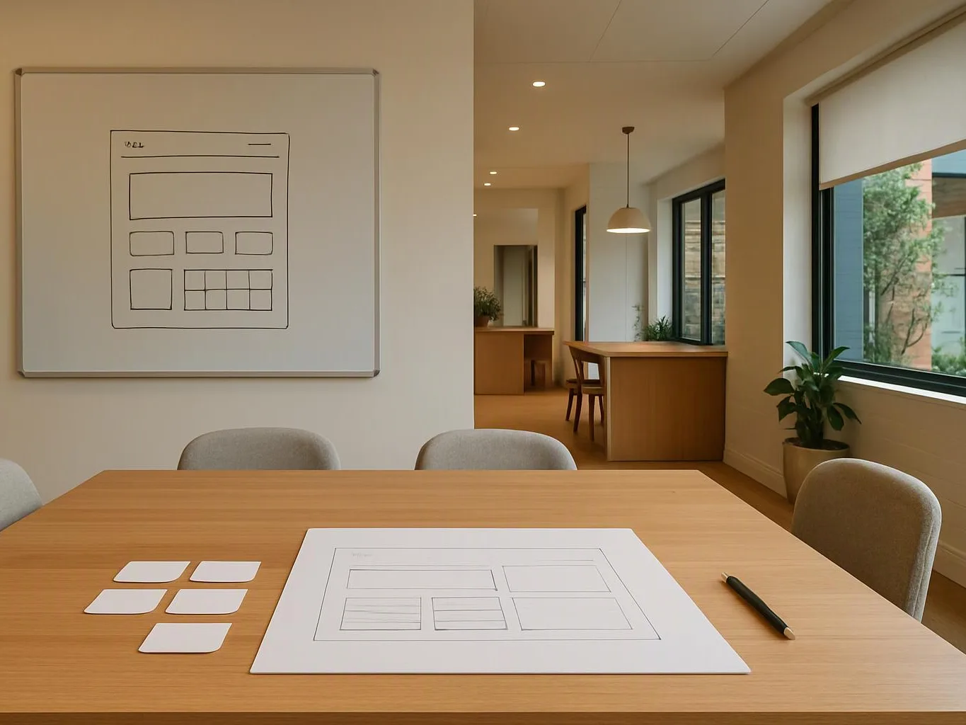 A quiet meeting room shows a whiteboard sketch, paper layout cards, a desk, chairs, and windows with plants