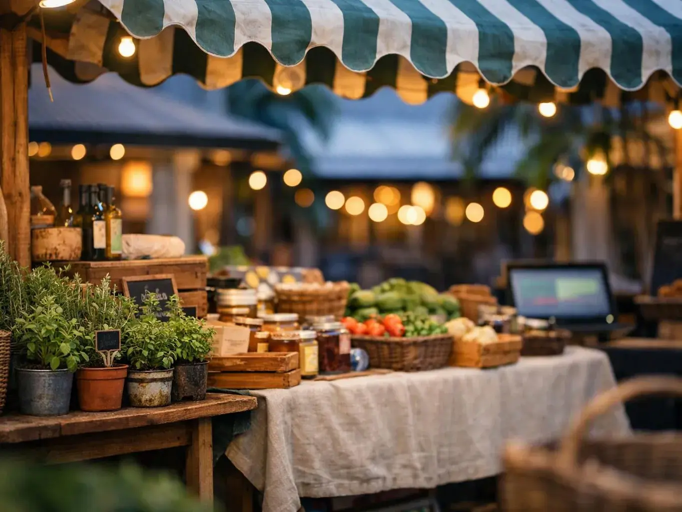 An outdoor market stall displays potted herbs, jars, vegetables, and baskets under a striped awning at dusk
