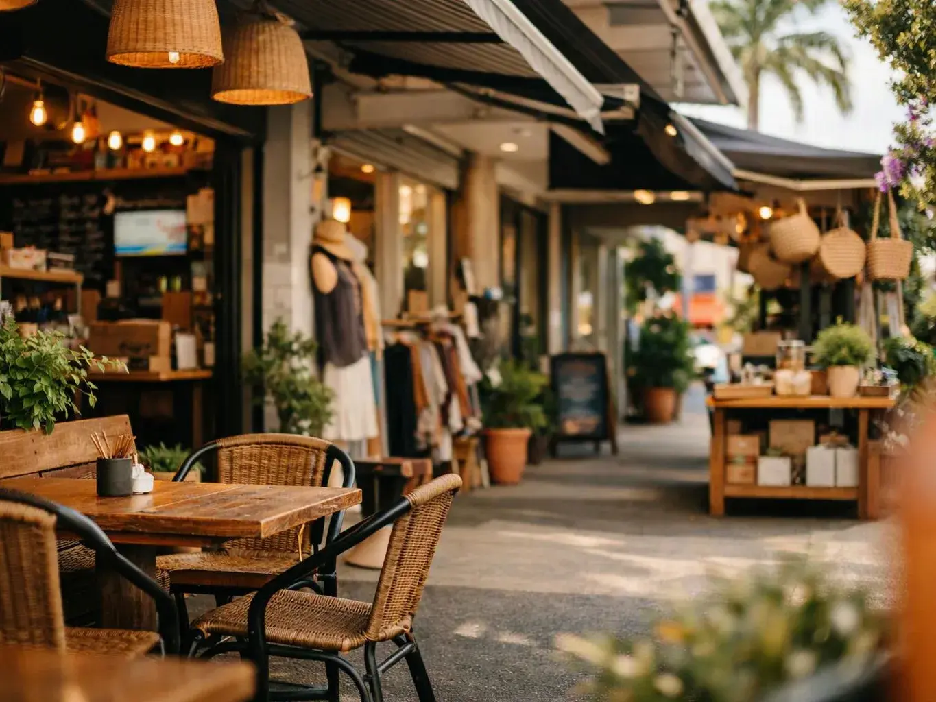 An outdoor market walkway shows wicker chairs, wooden tables, hanging lamps, and clothing racks under awnings