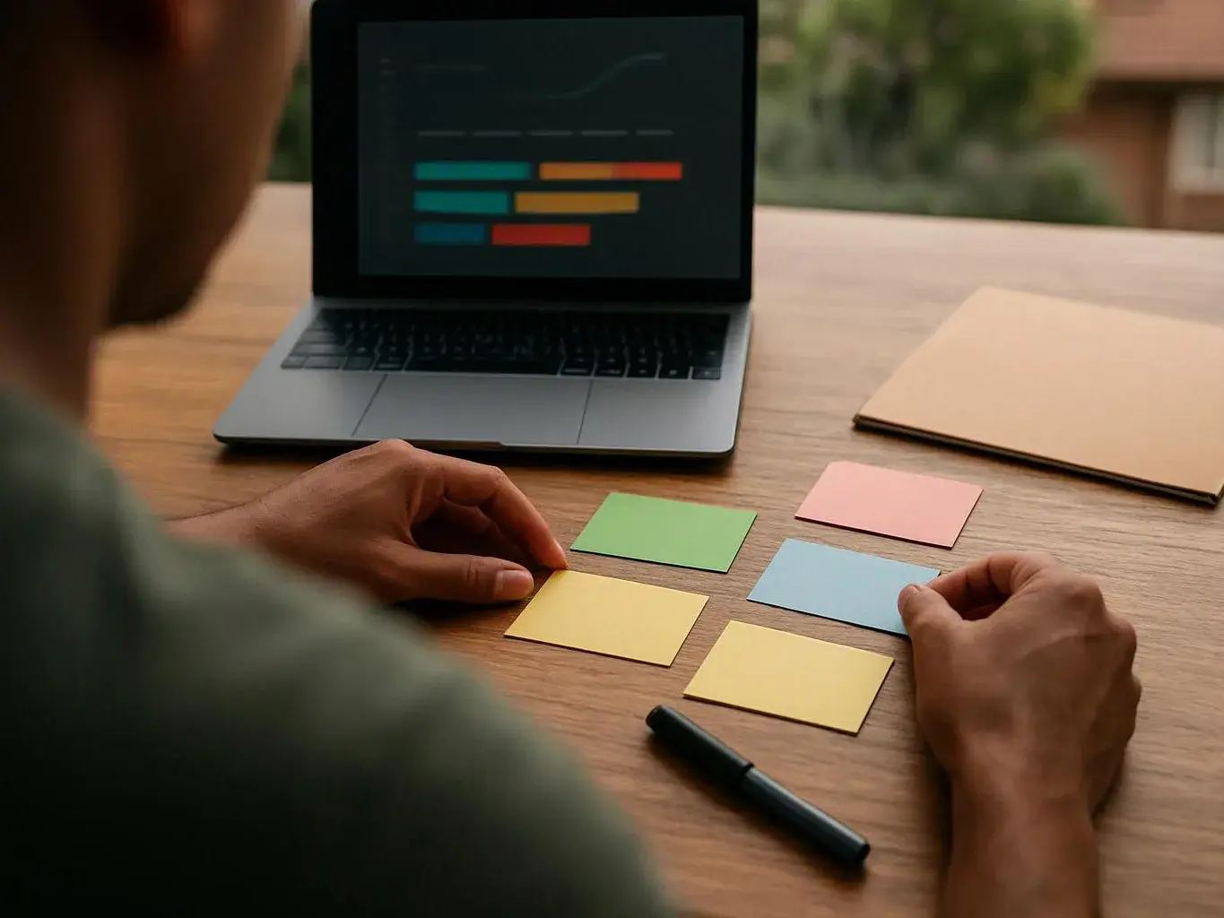 A person arranges colorful sticky notes beside a laptop on a wooden table