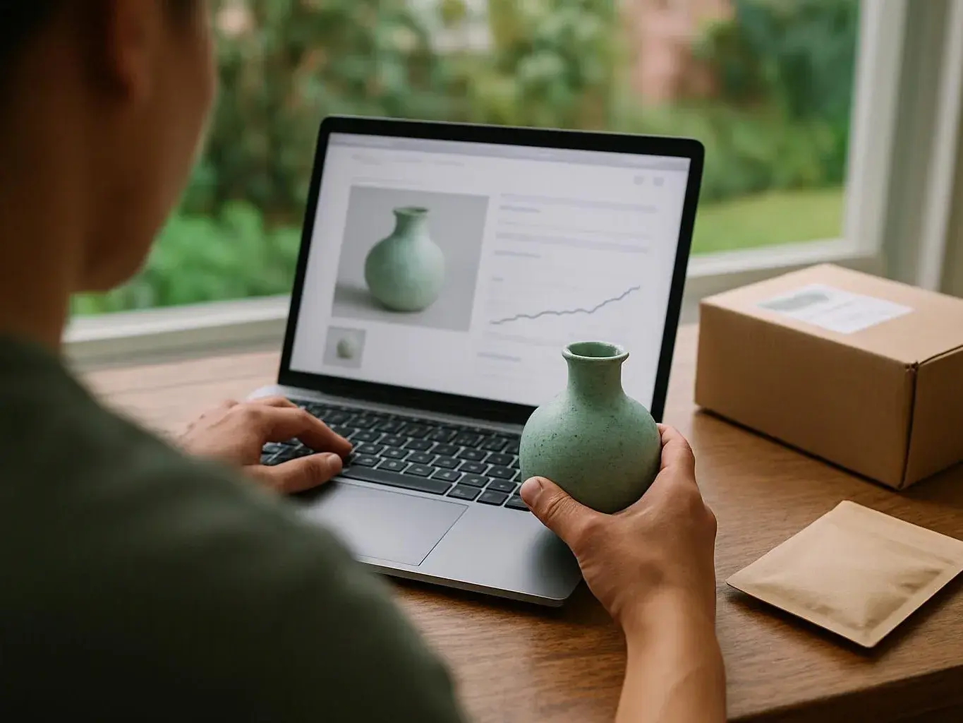 A person compares a small green vase with product photos on a laptop beside a box on a wooden table