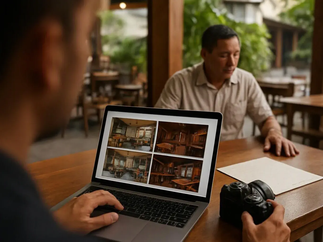A person edits photos on a laptop while another man sits across a wooden table in a café