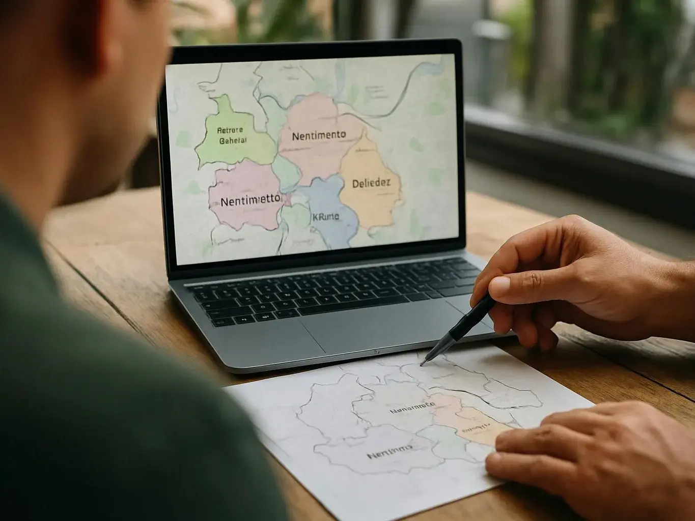 A person points at a hand-drawn map beside a laptop showing a colored map on the screen