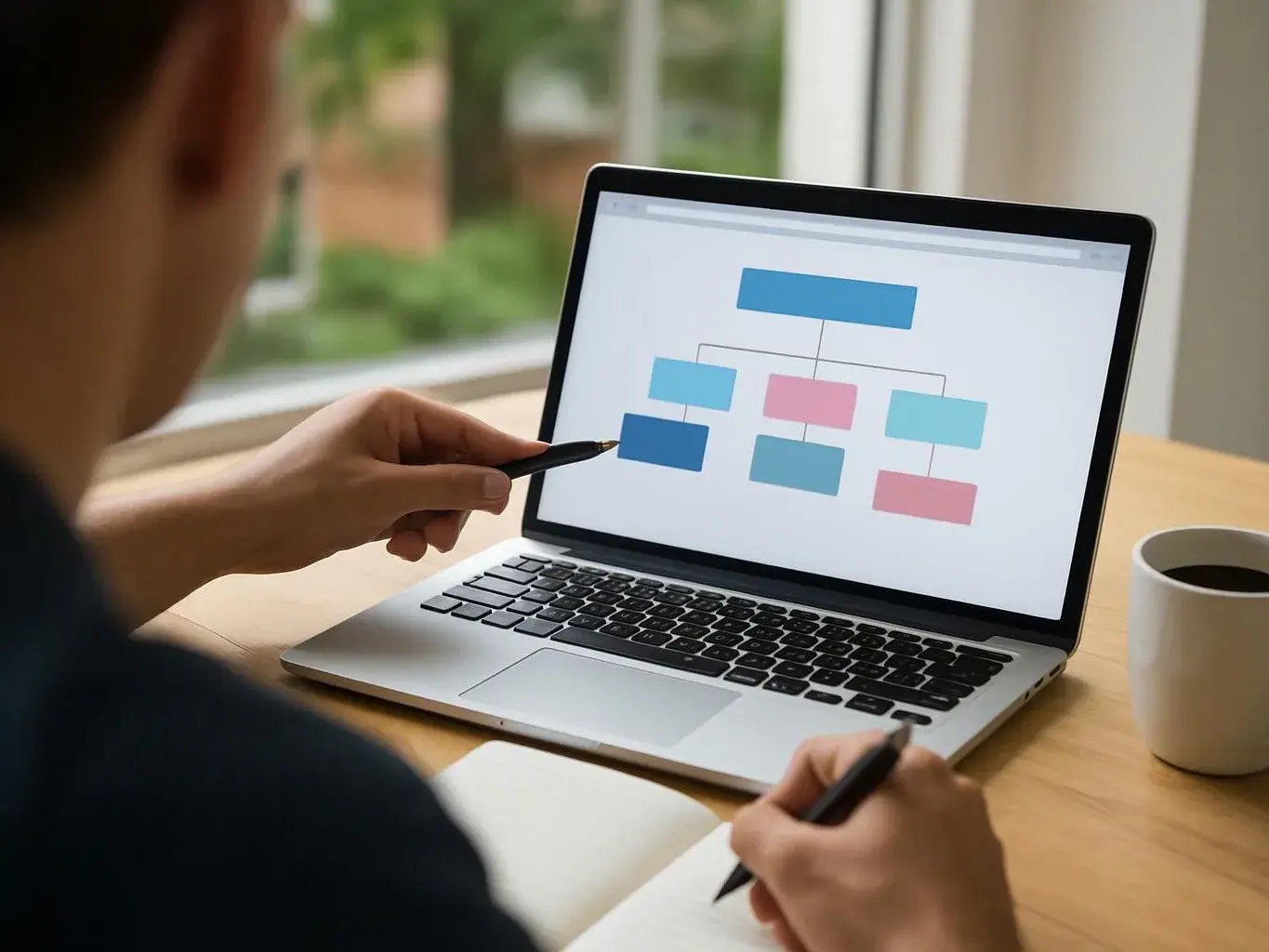 A person points at a laptop showing a colored flowchart beside a notebook and coffee mug