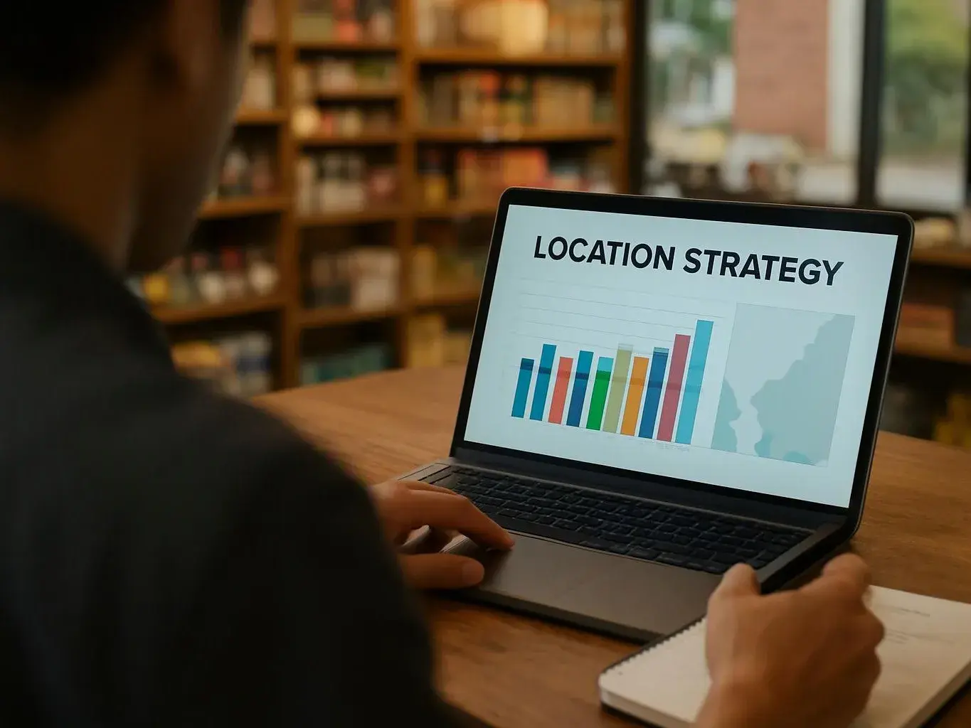 A person sits at a wooden table using a laptop that displays “LOCATION STRATEGY” with a colorful bar chart