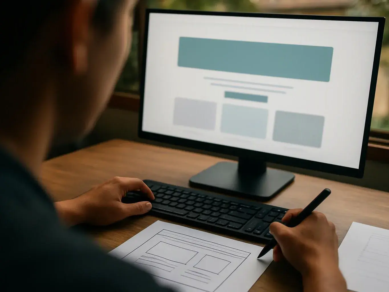 A person sketches a website layout on paper while viewing a web page mockup on a computer monitor