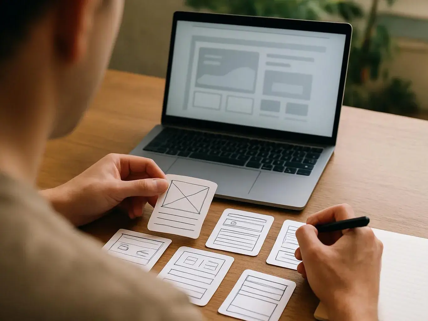 A person sketches website wireframes on paper beside a laptop on a wooden table