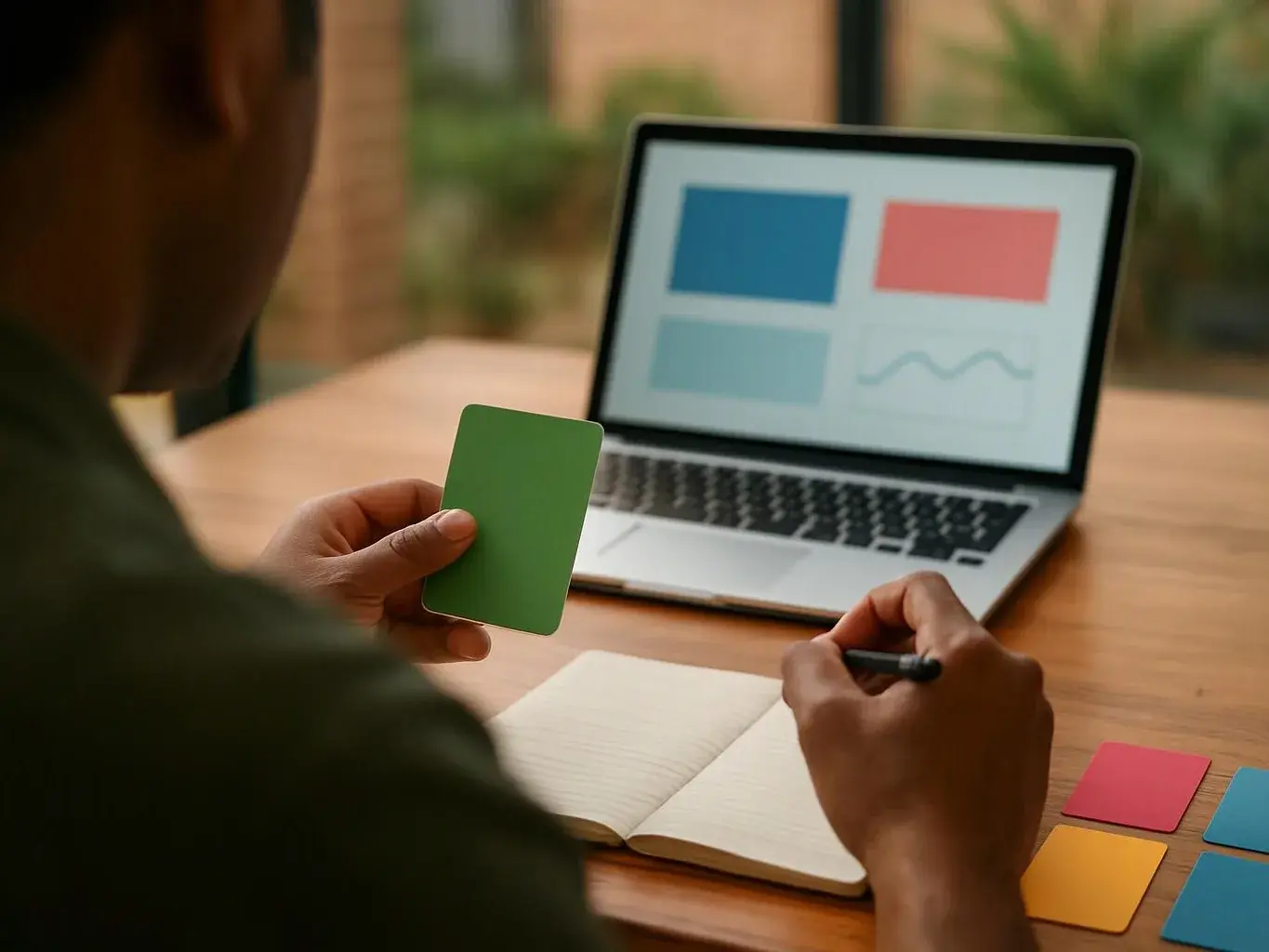 A person studies colored cards beside a laptop, with an open notebook on a wooden table