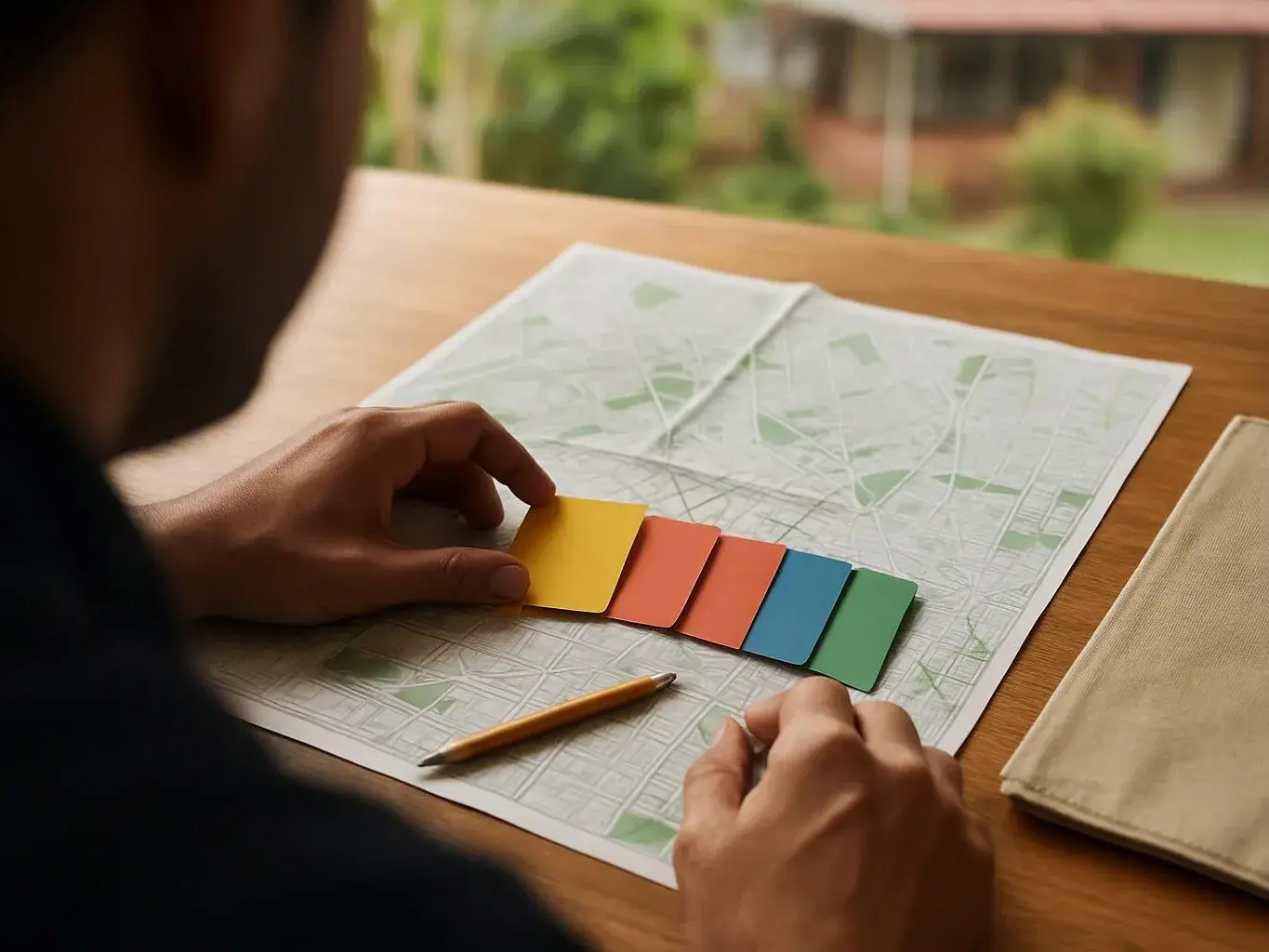 A person studies a paper map on a table, lining up colored cards beside a pencil indoors