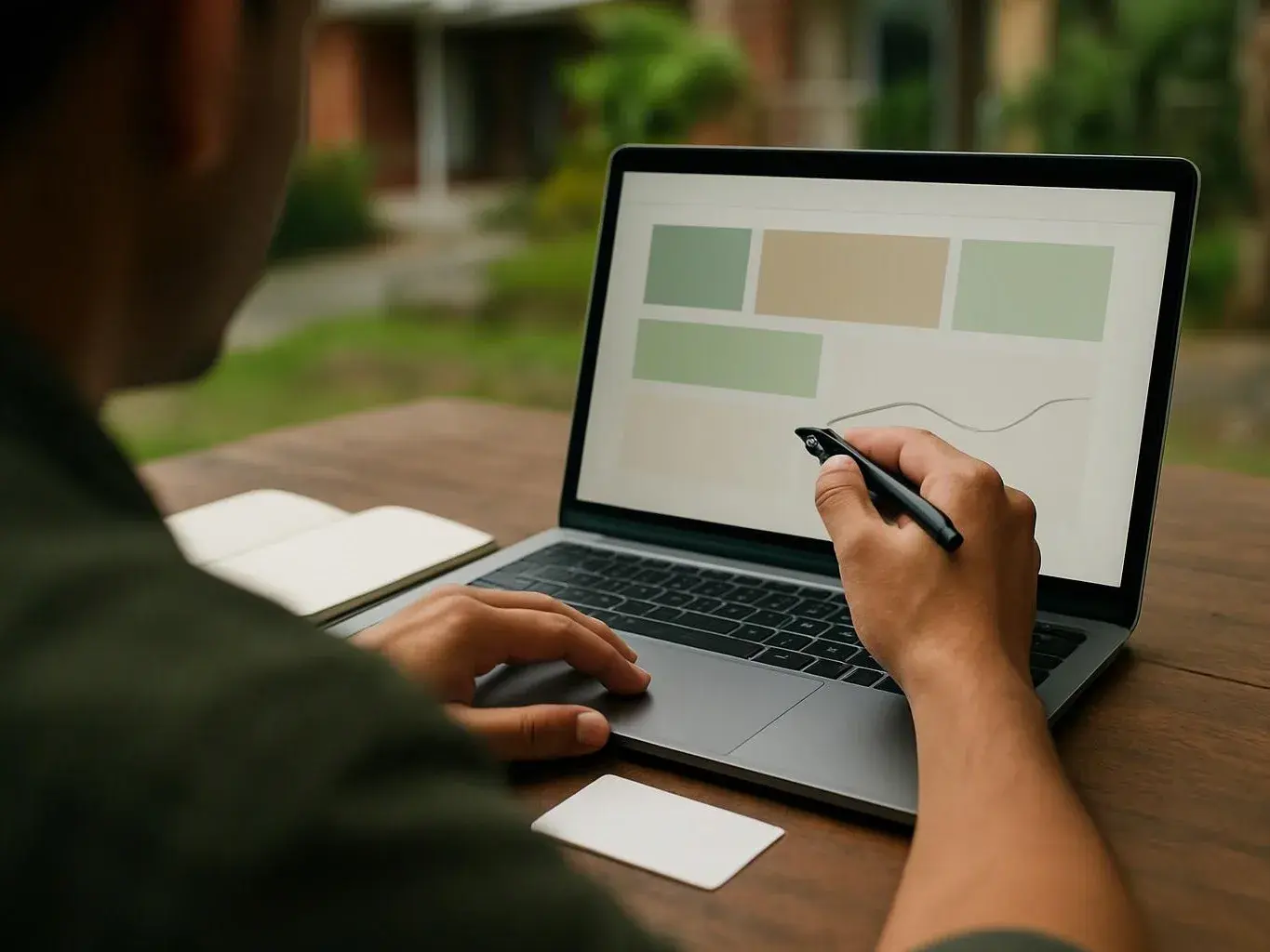 A person uses a stylus on a laptop screen beside a notebook and card at an outdoor table