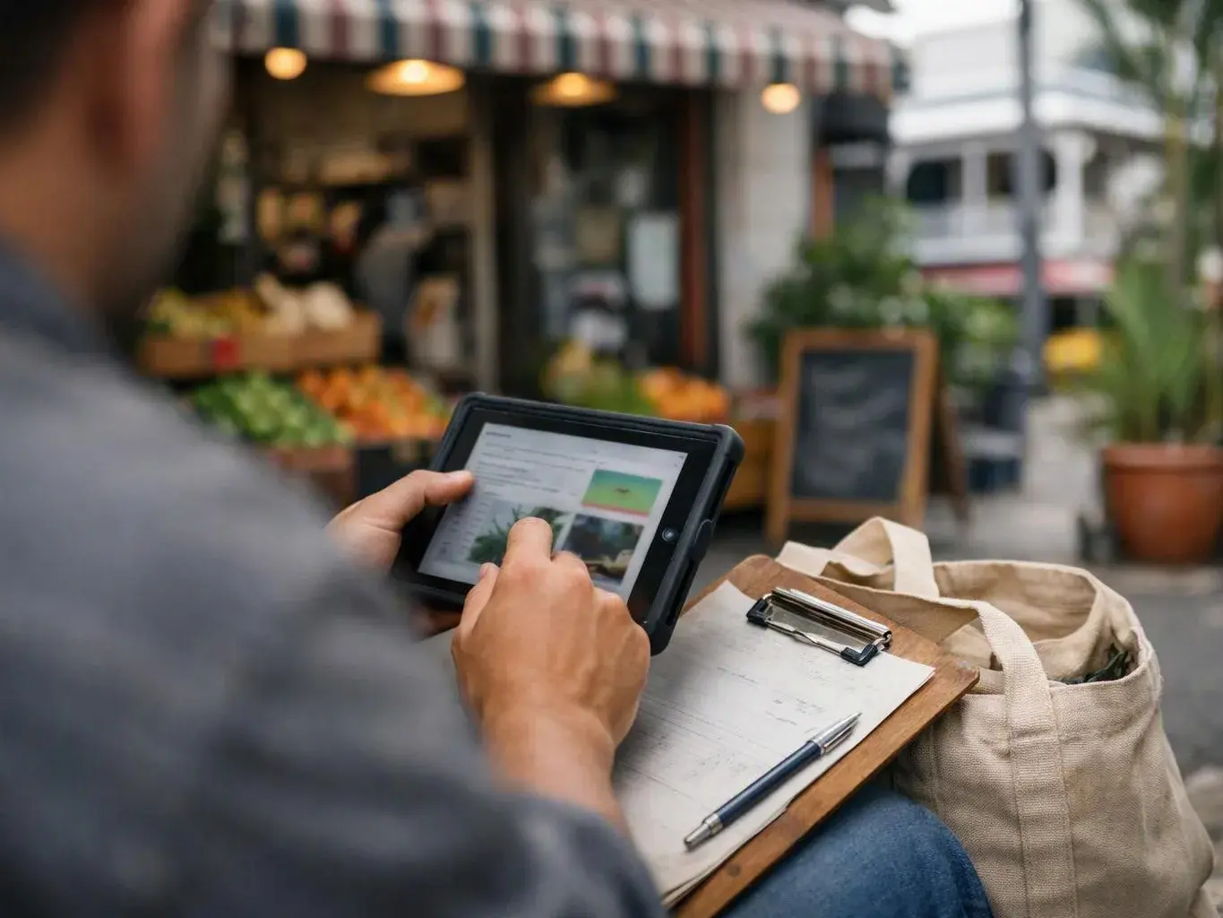 A person uses a tablet and clipboard at an outdoor market with produce stalls in the background
