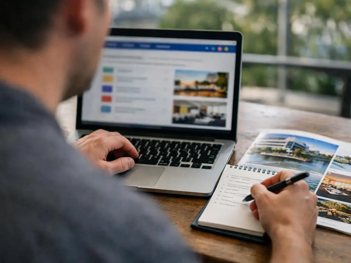 A person works on a laptop beside an open notebook, reviewing photos and taking notes at a wooden table