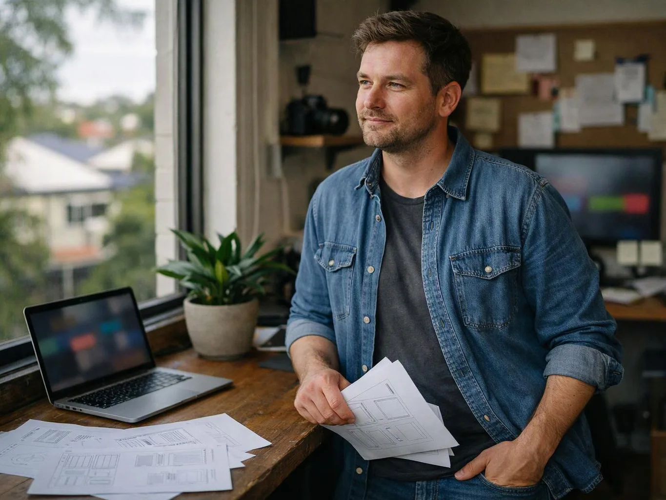 A man stands by a desk with papers and a laptop, looking out a bright window in a home office