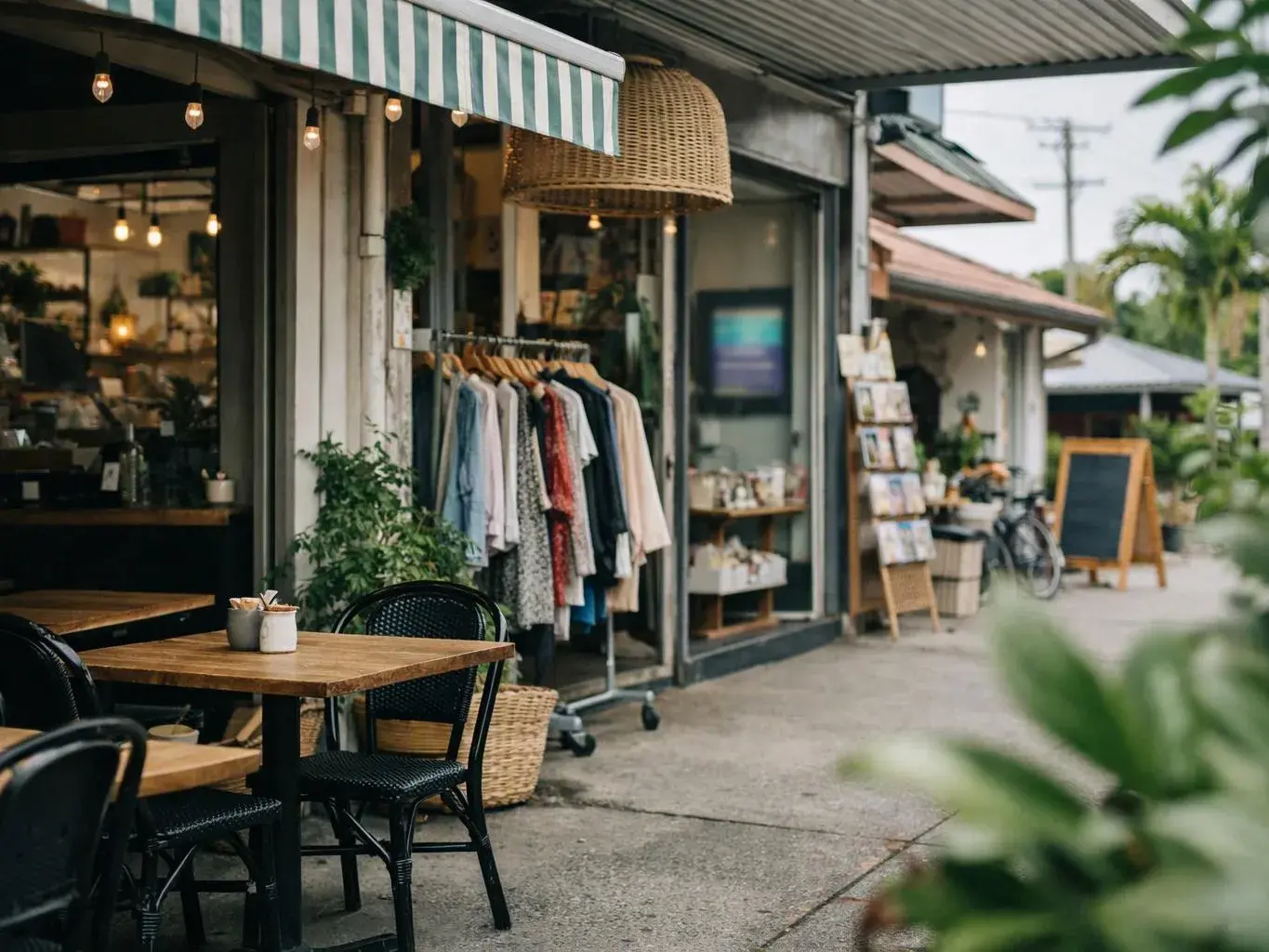 A quiet outdoor storefront shows clothing racks, café tables, hanging lights, and a sidewalk display board