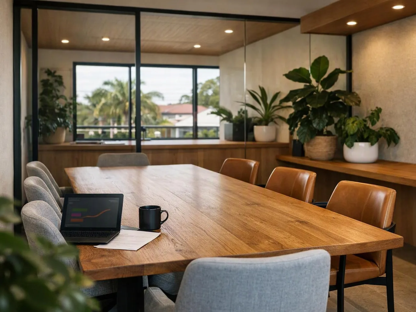 A modern meeting room shows a wooden table, laptops, chairs, and potted plants by large windows
