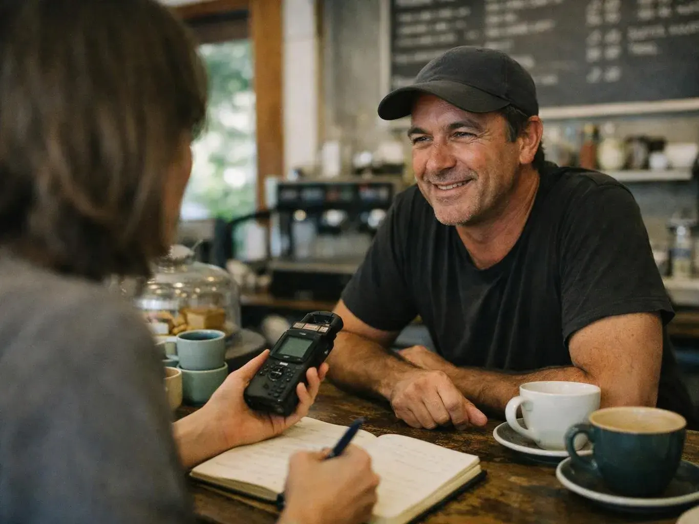 A smiling man in a black cap talks across a café table while another person holds a recorder and writes notes