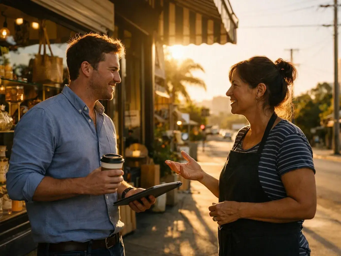 A smiling man with a coffee cup talks to a woman in an apron outside a shop at sunset