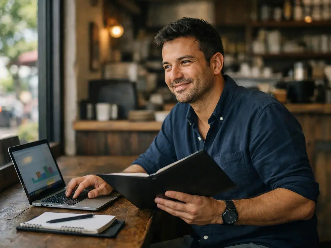 A smiling man sits at a wooden table, using a laptop and holding an open notebook in a cozy café