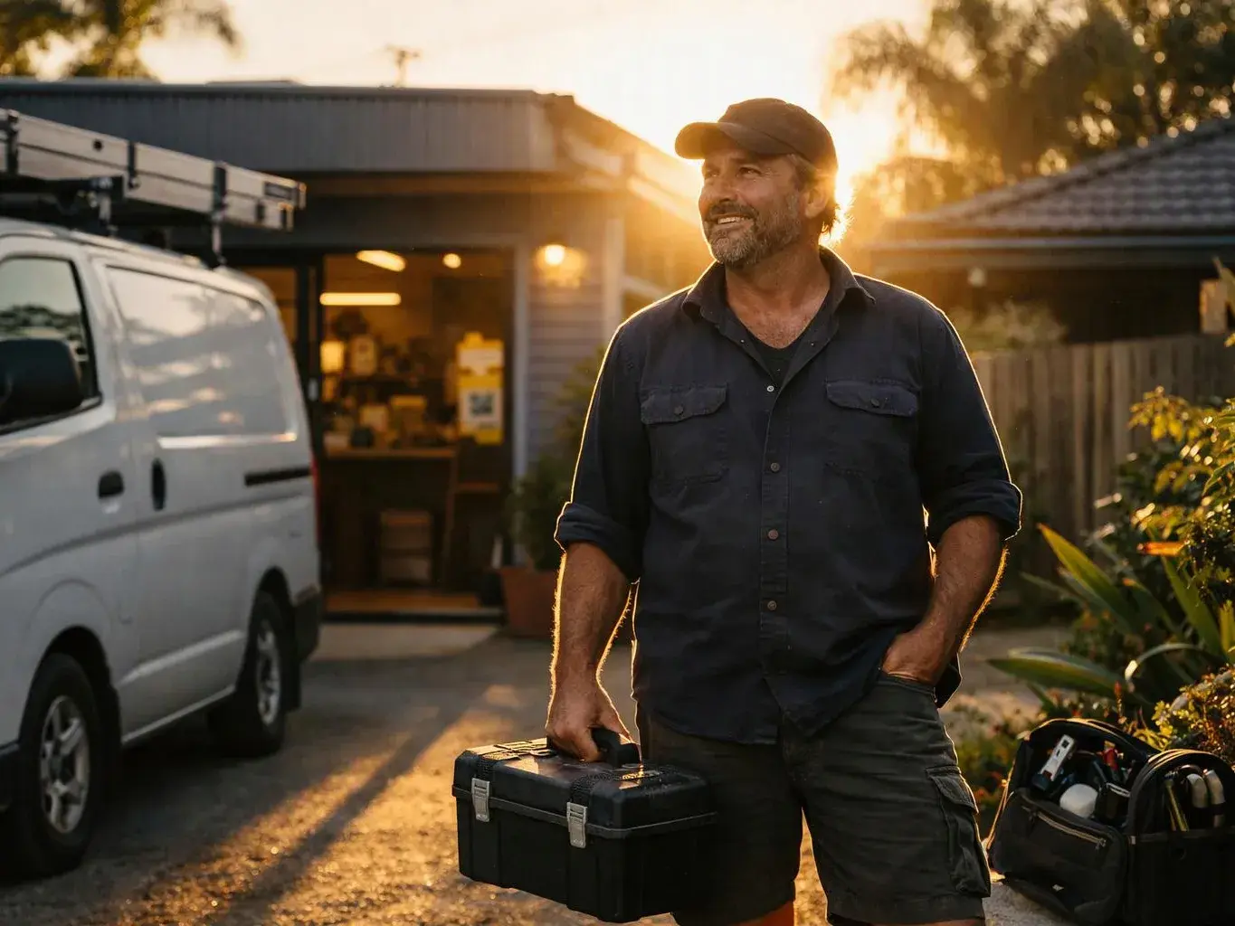 A smiling man stands by a van at sunset, holding a black toolbox in a driveway