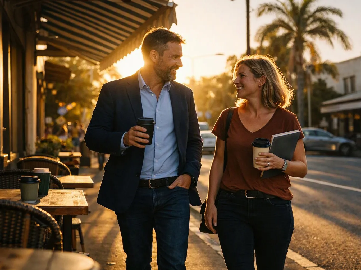 A smiling man and woman walk past outdoor café tables at sunset, each holding a coffee cup