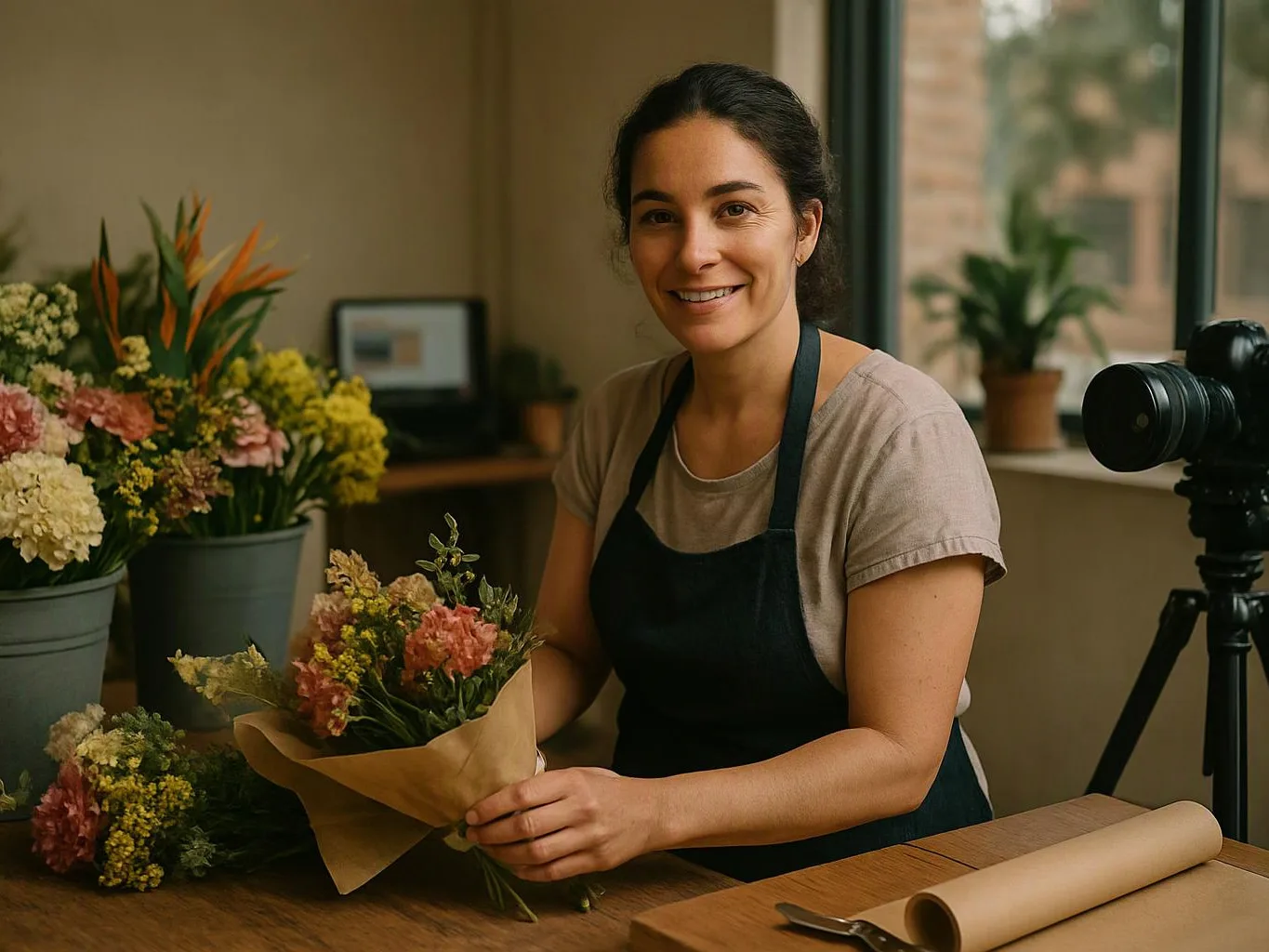 A smiling woman in an apron arranges a bouquet at a table beside flower buckets and a camera tripod