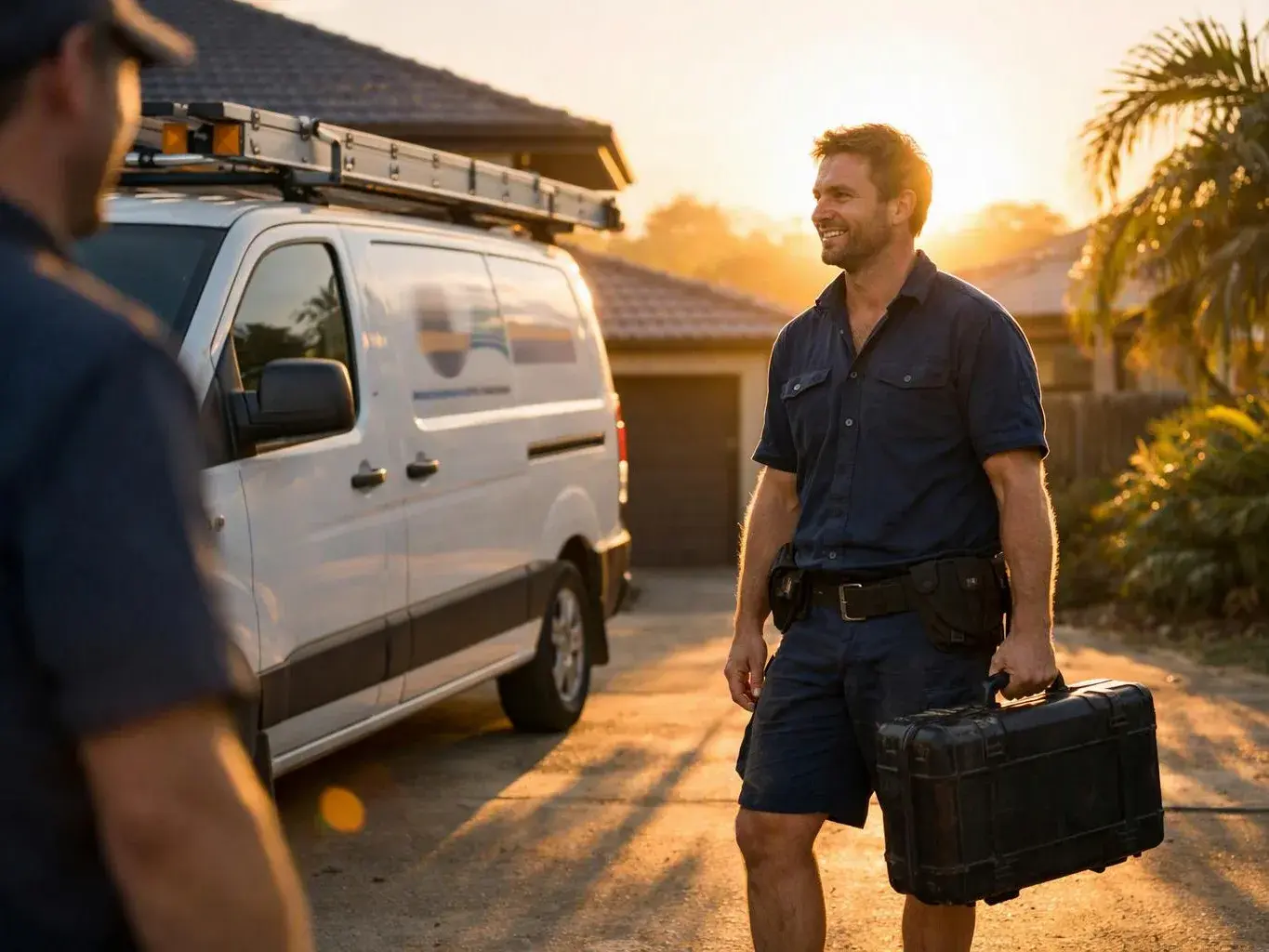 A smiling worker in a navy uniform carries a black toolbox beside a white van at sunset