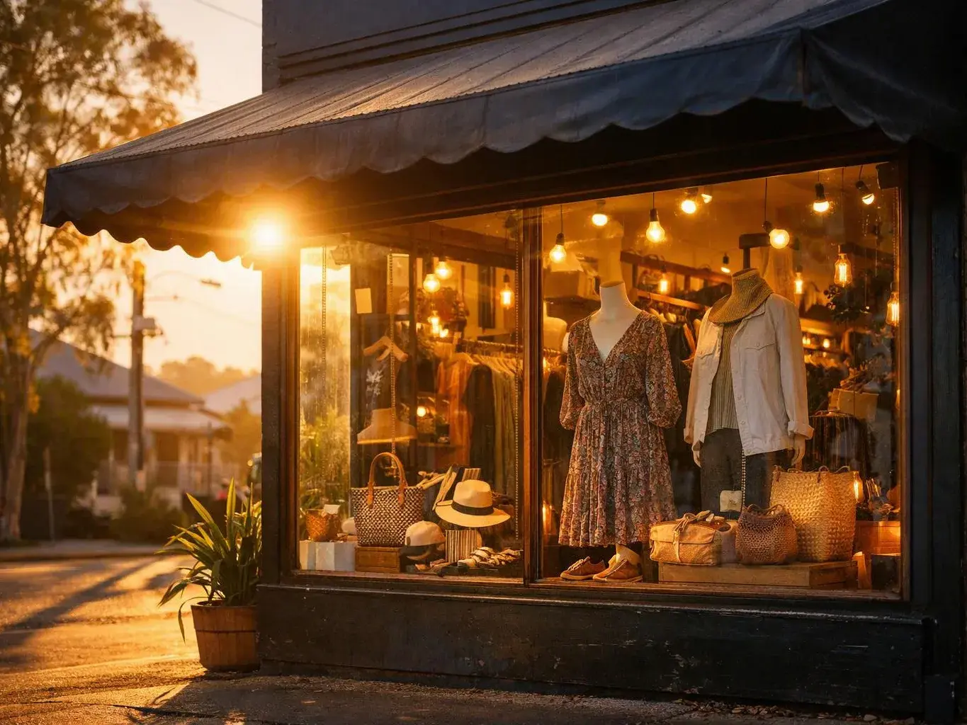 A sunlit shop window displays mannequins, dresses, hats, bags, and warm hanging lights at dusk