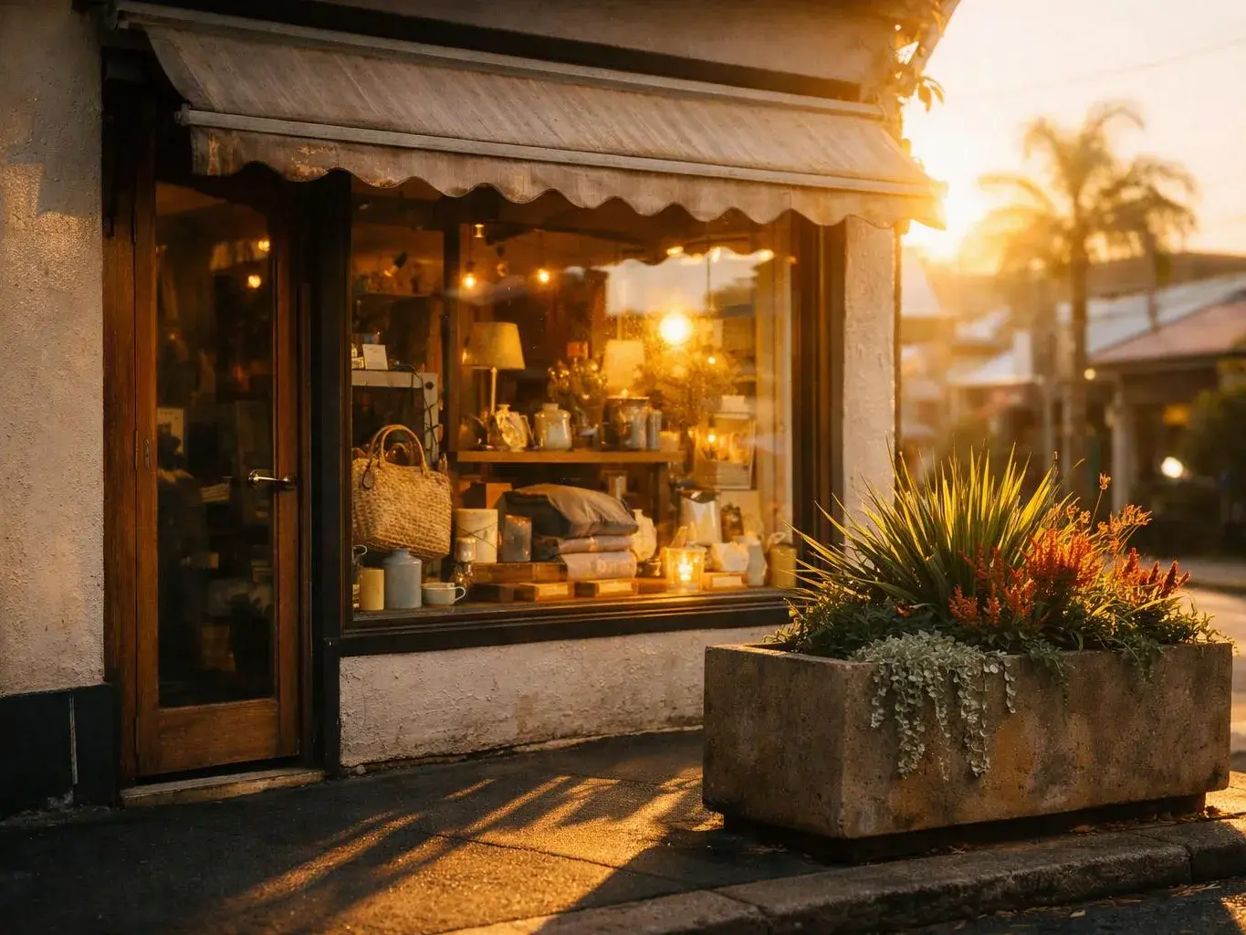 Sunlit storefront with a large window display, wooden door, and a planter of spiky plants in front