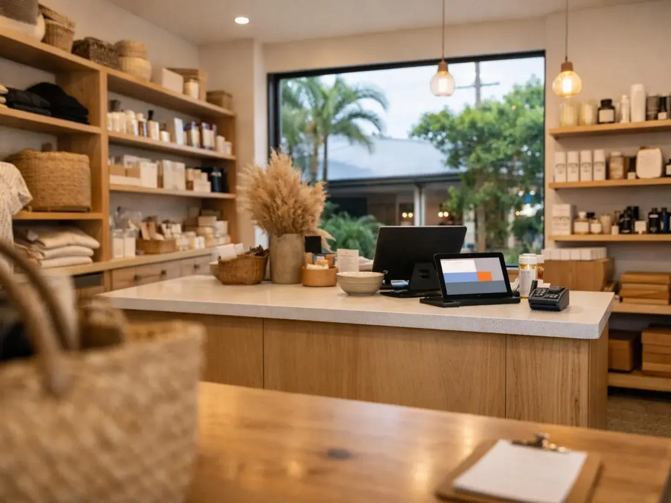 A tidy retail counter displays skincare products, payment screens, and woven decor in a bright shop interior