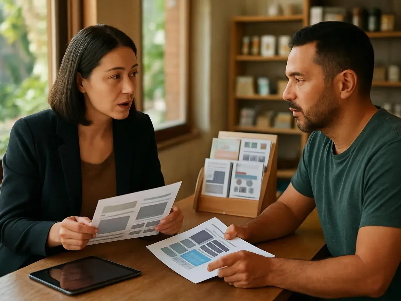 Two adults discuss printed page mockups at a wooden table in a bright room