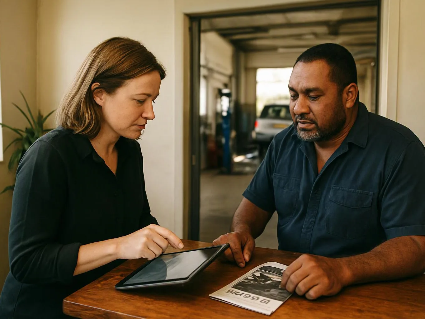 Two adults review a tablet and a booklet at a wooden table in a workshop entrance