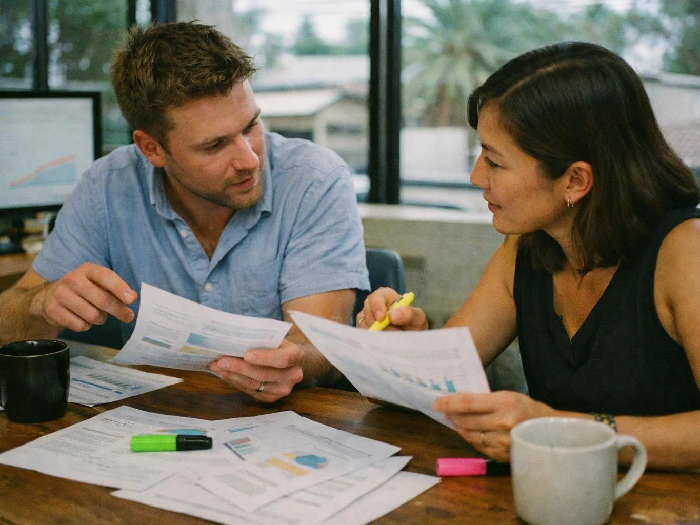 Two coworkers study printed charts at a wooden table, with mugs, markers, and bright windows behind them