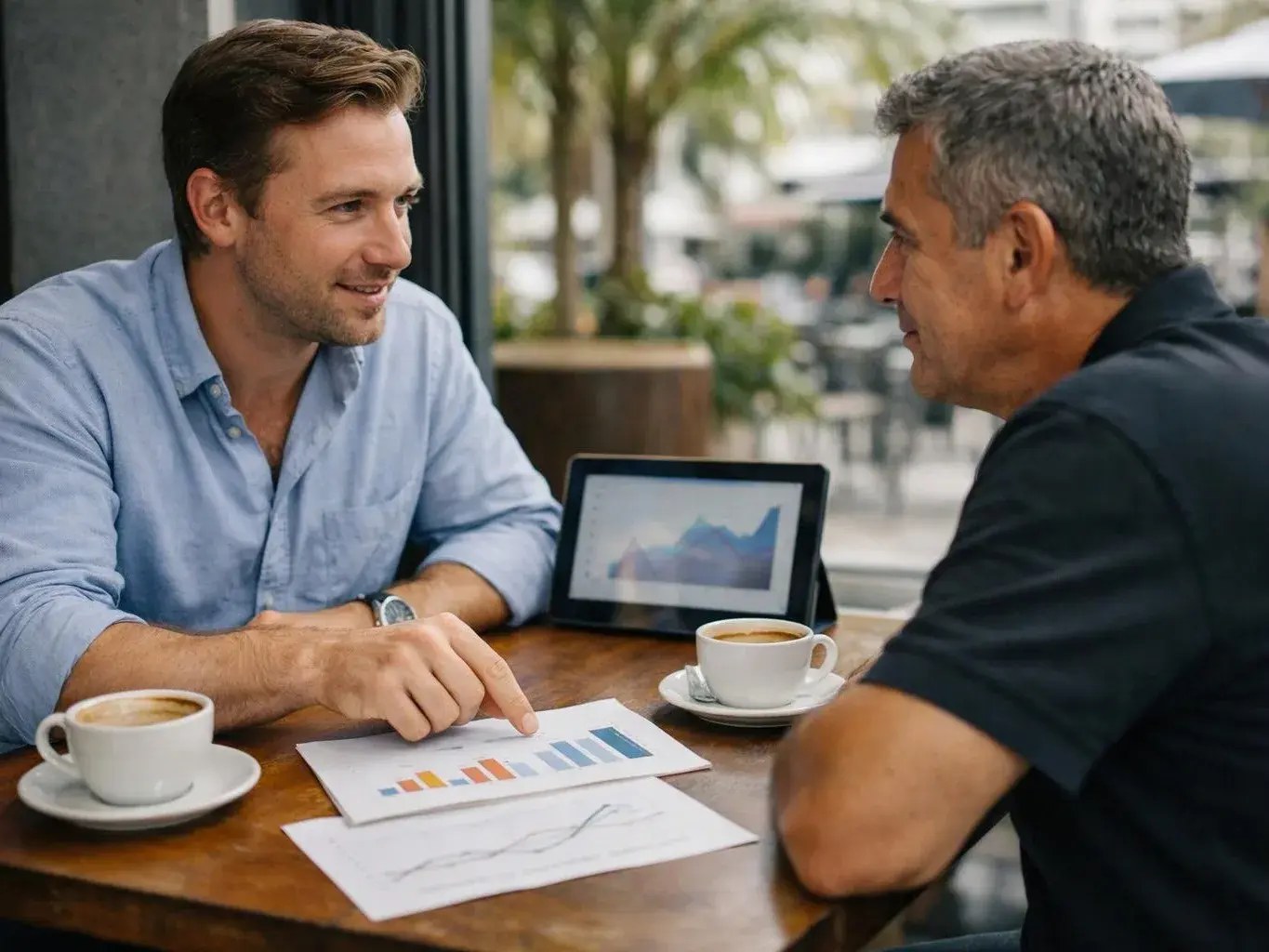 Two men talk at a cafe table, looking at printed charts and a tablet with graphs, with coffee cups beside them