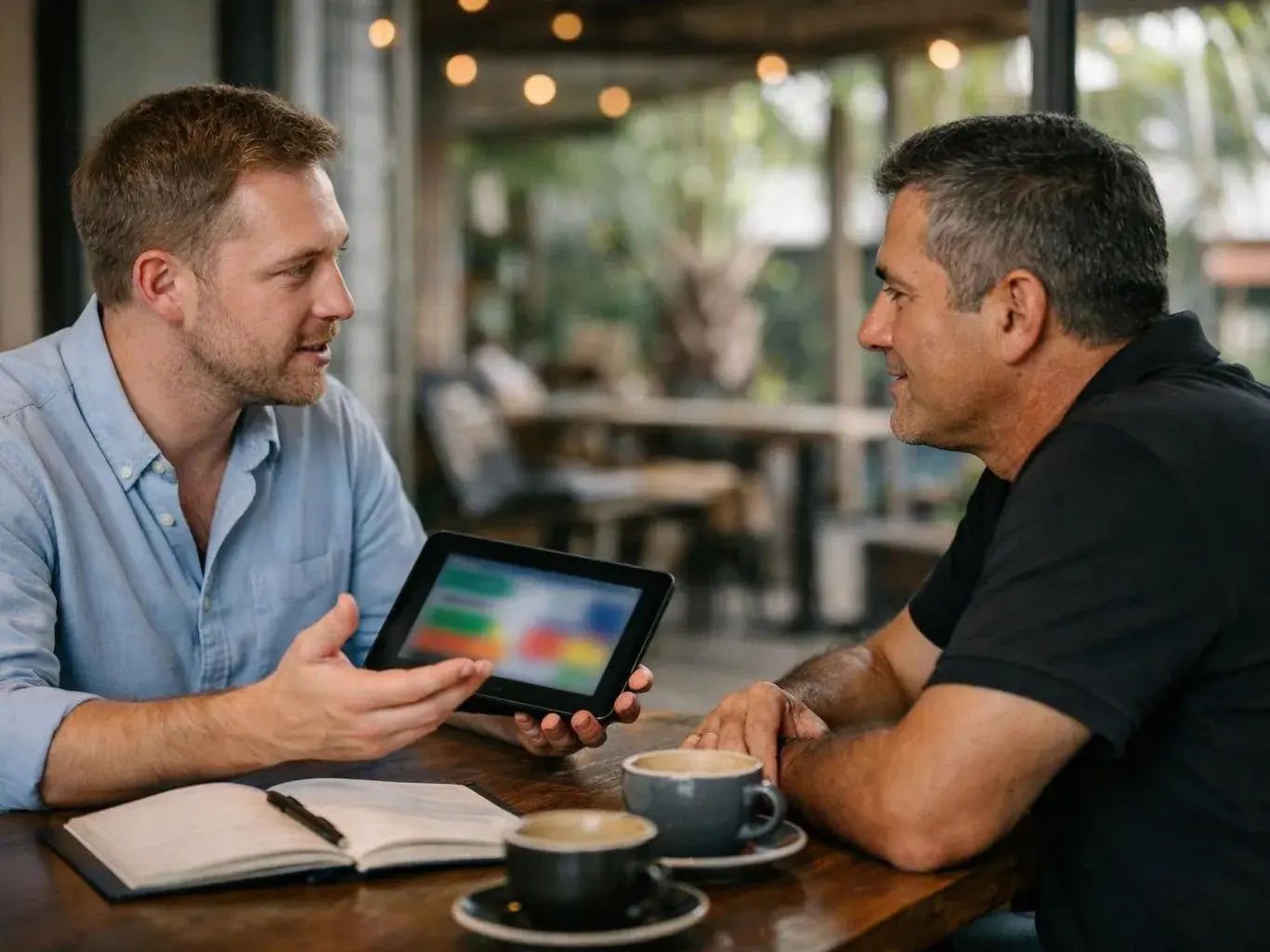 Two men talk at a café table while one holds a tablet and an open notebook lies beside two coffee cups