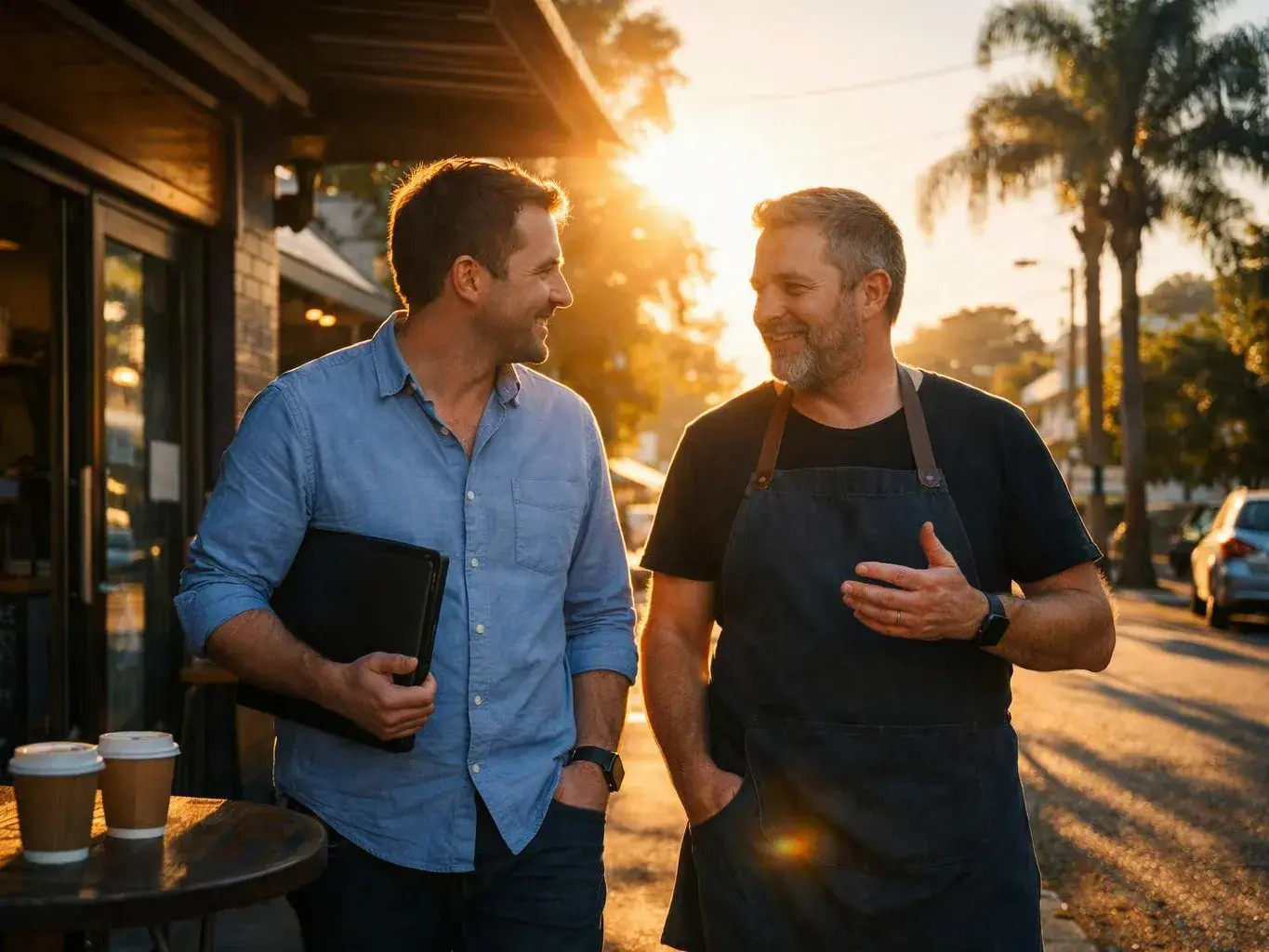 Two men walk and chat on a sunny street outside a cafe, one holding a laptop and the other wearing an apron