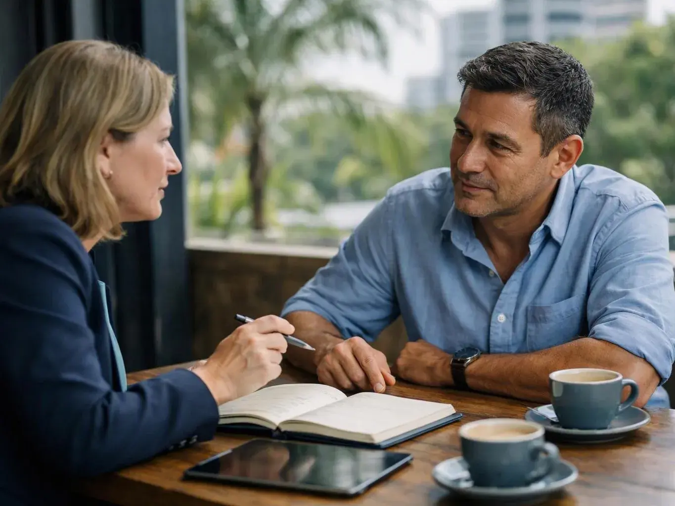 Two people sit across a table, talking over an open notebook, a tablet, and two coffee cups near a window